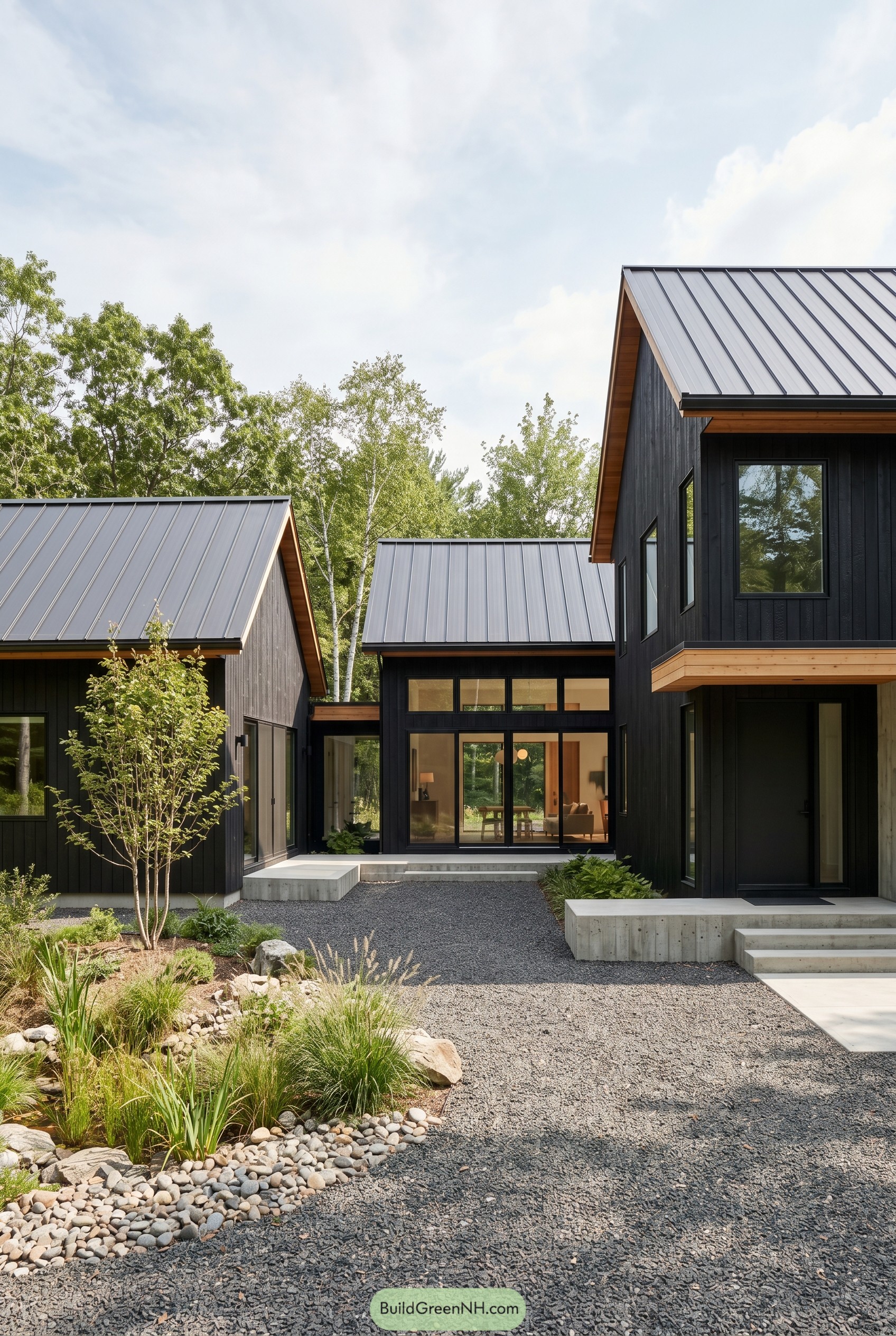 Black gabled home around gravel courtyard