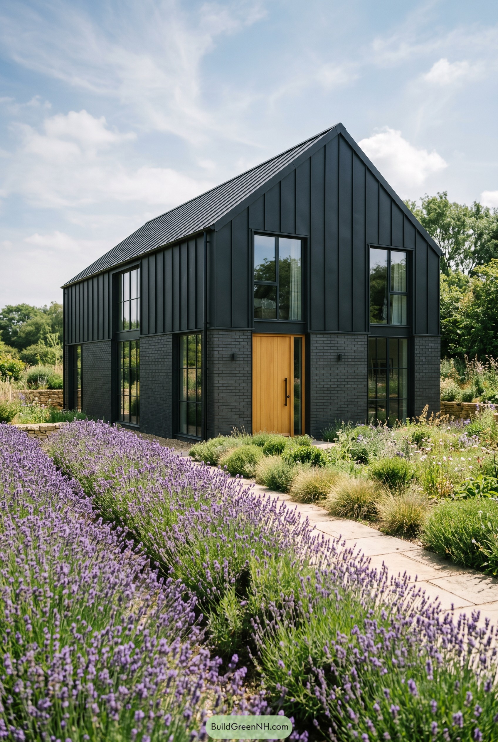 Black gabled home with lavender garden