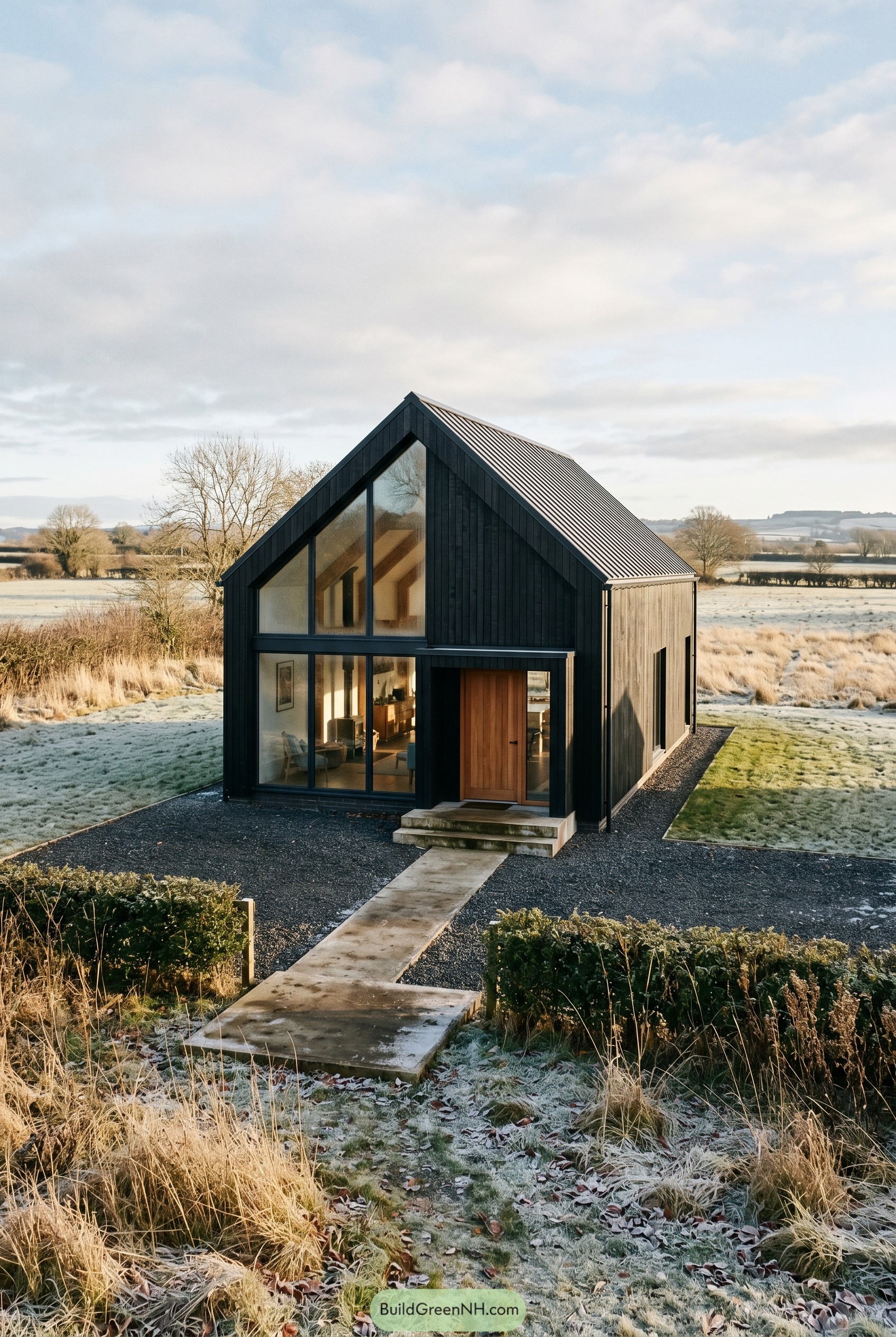 Black gabled house with full height glass in a frosty field