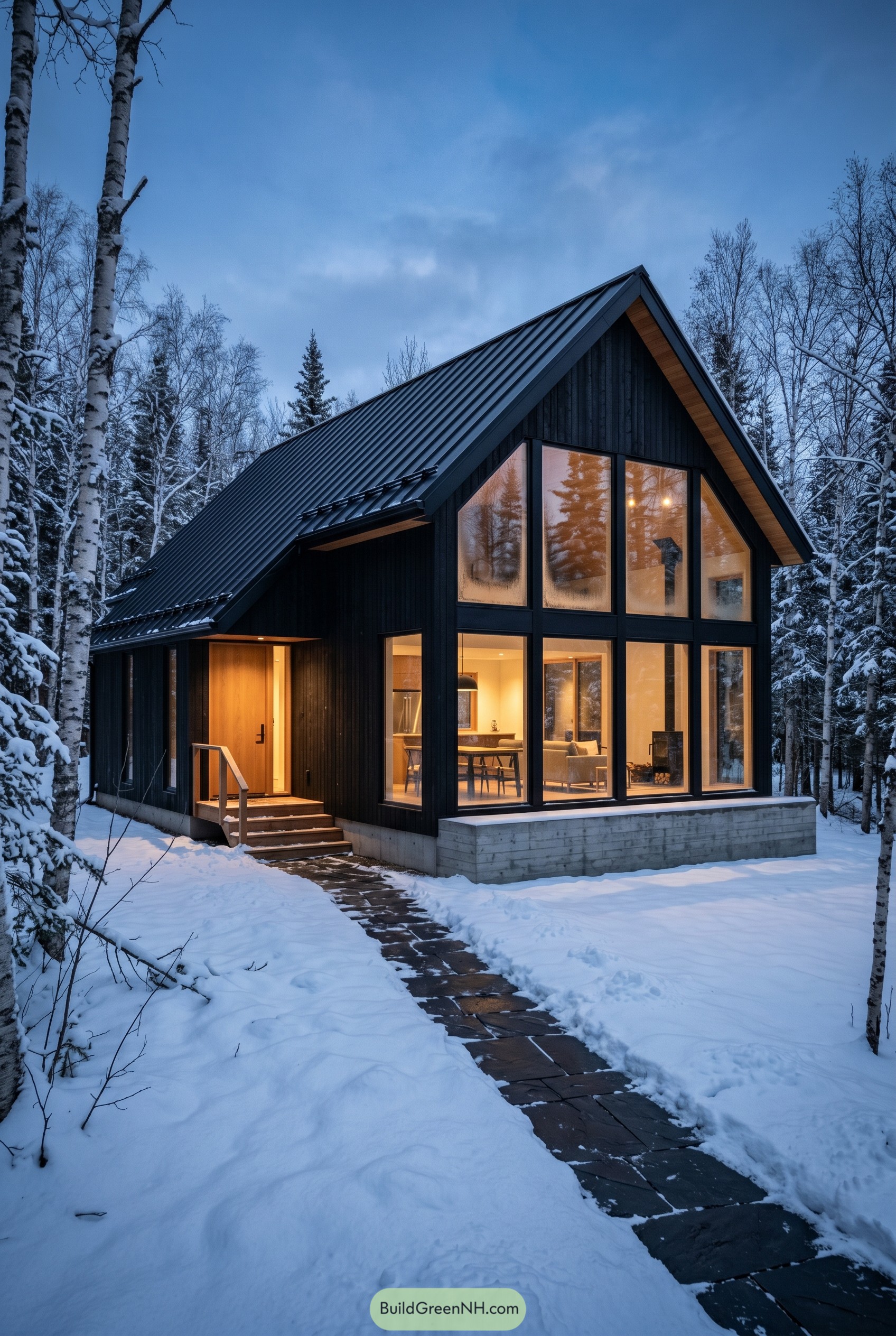Dark gabled cabin in snowy forest