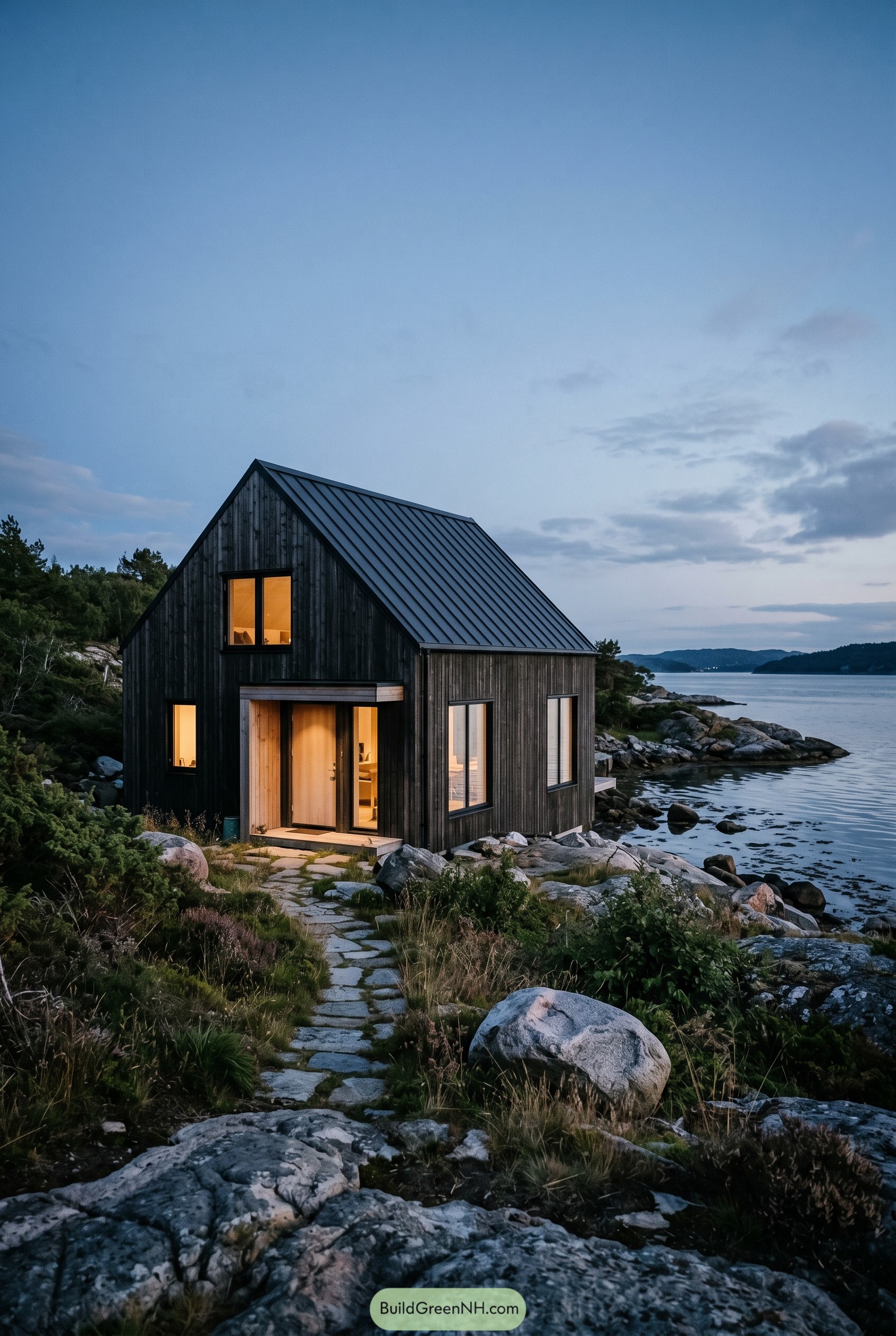 Dark gabled cabin on a rocky shoreline at dusk