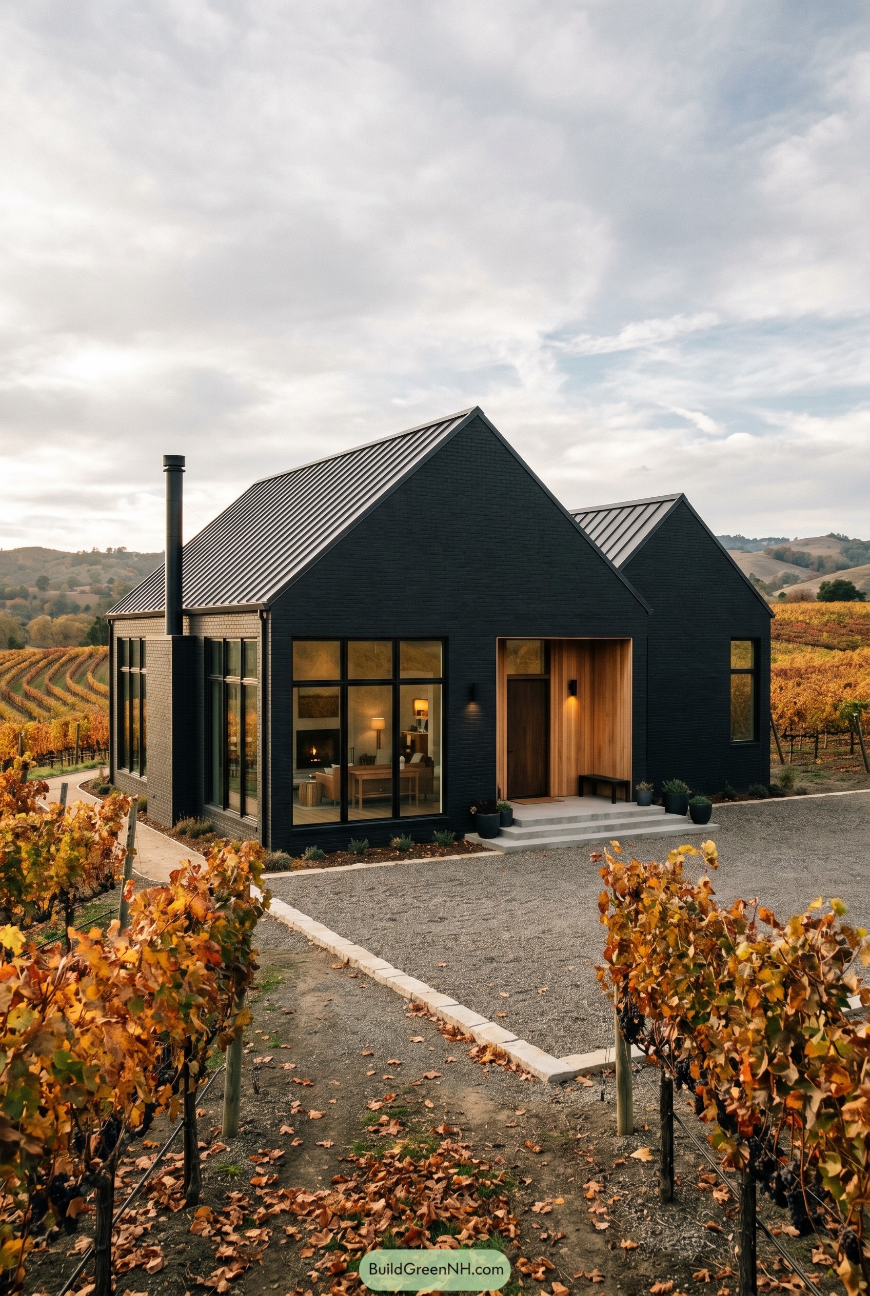 Dark twin gabled house in autumn vineyard