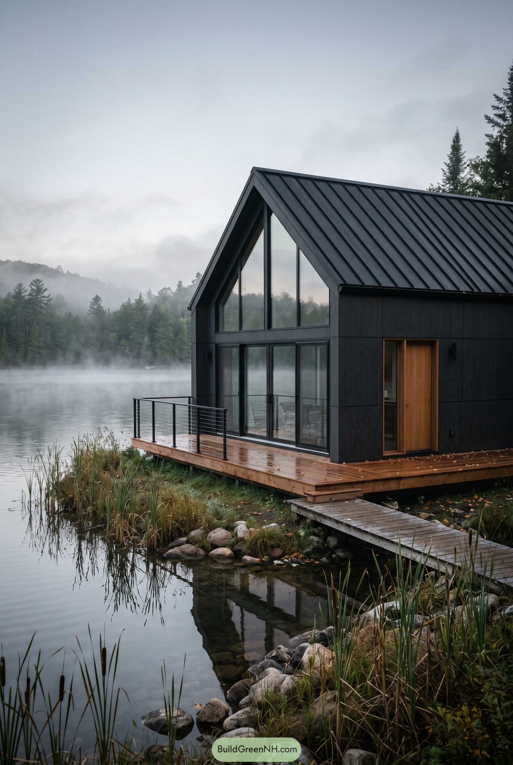 Dark gabled lakehouse with tall glass wall