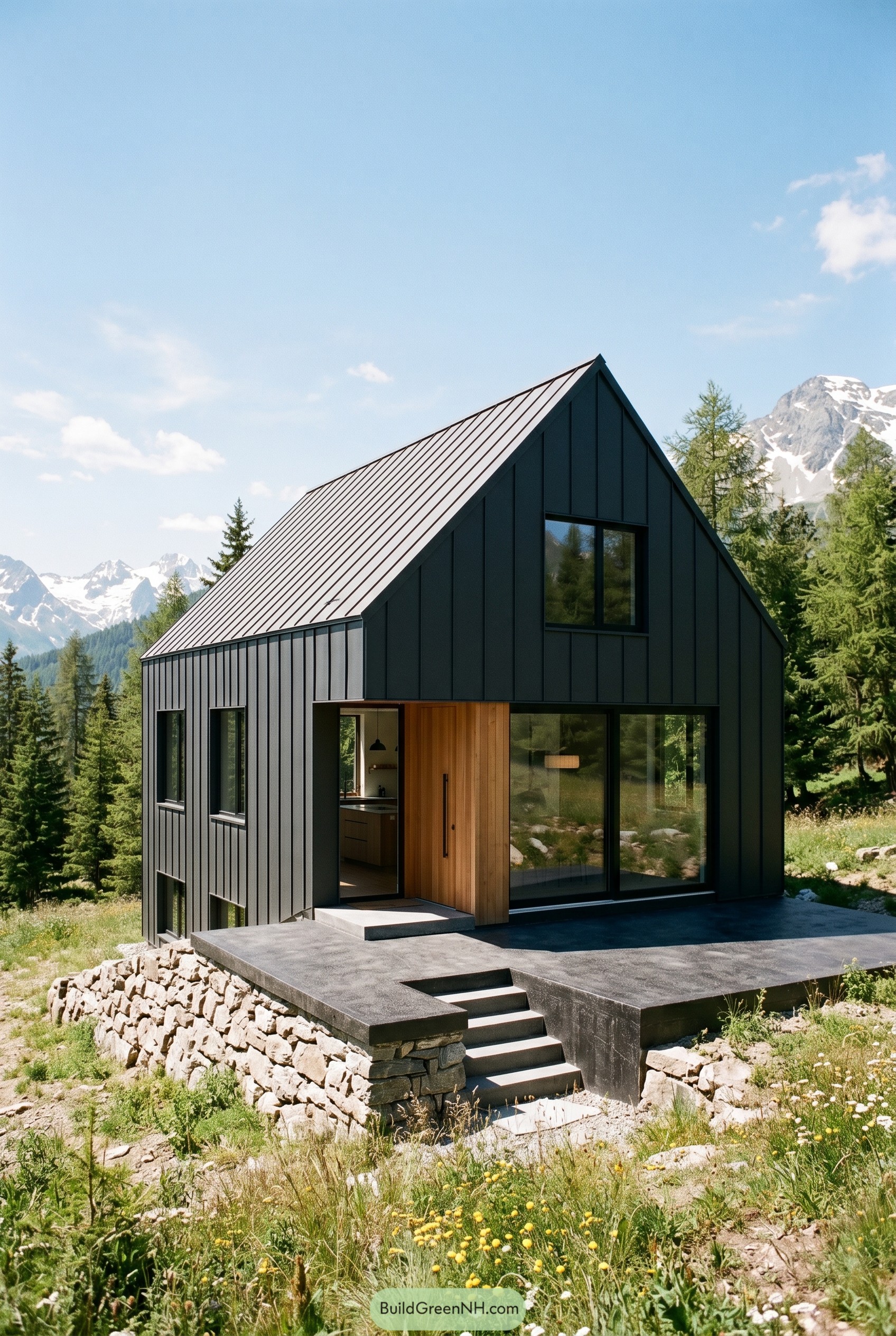 Dark gabled metal house in alpine meadow