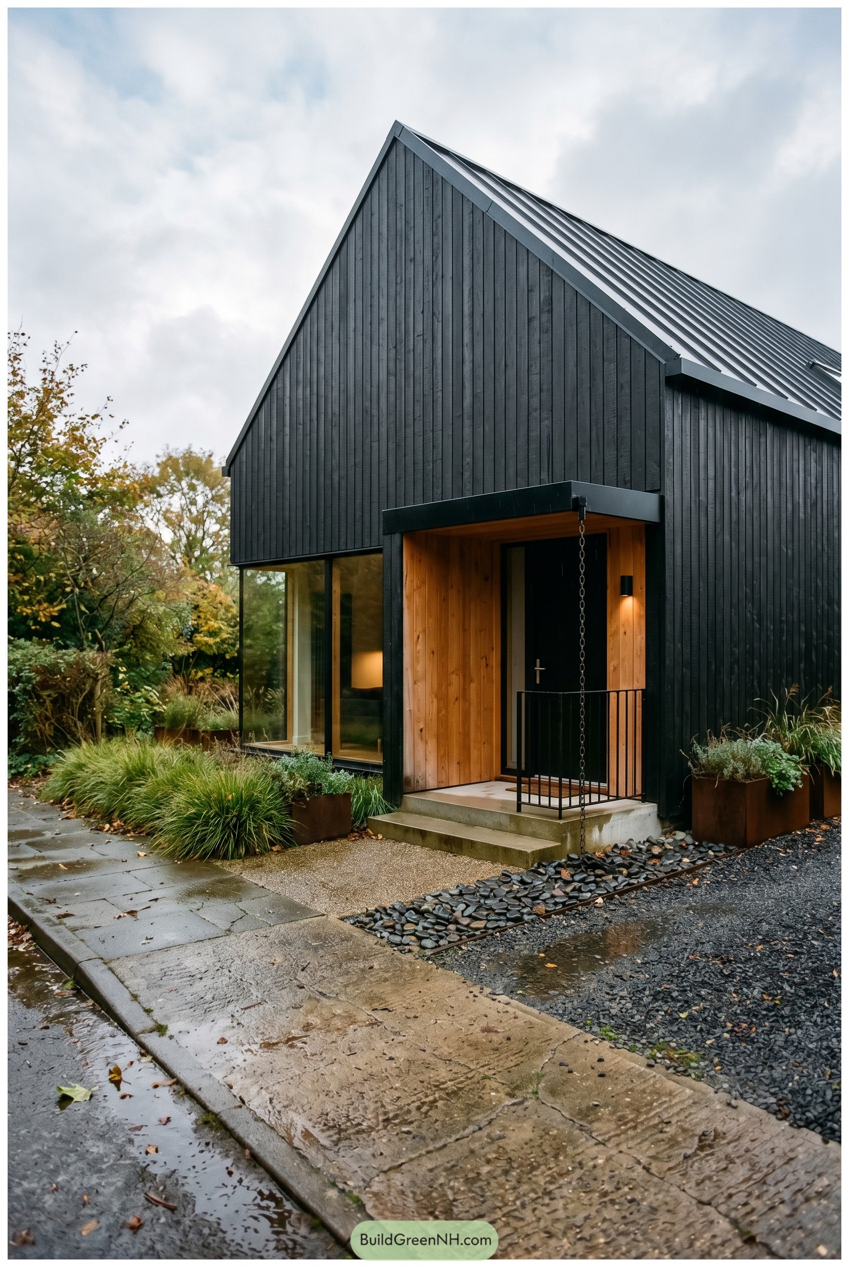 Black gabled house with wood entry