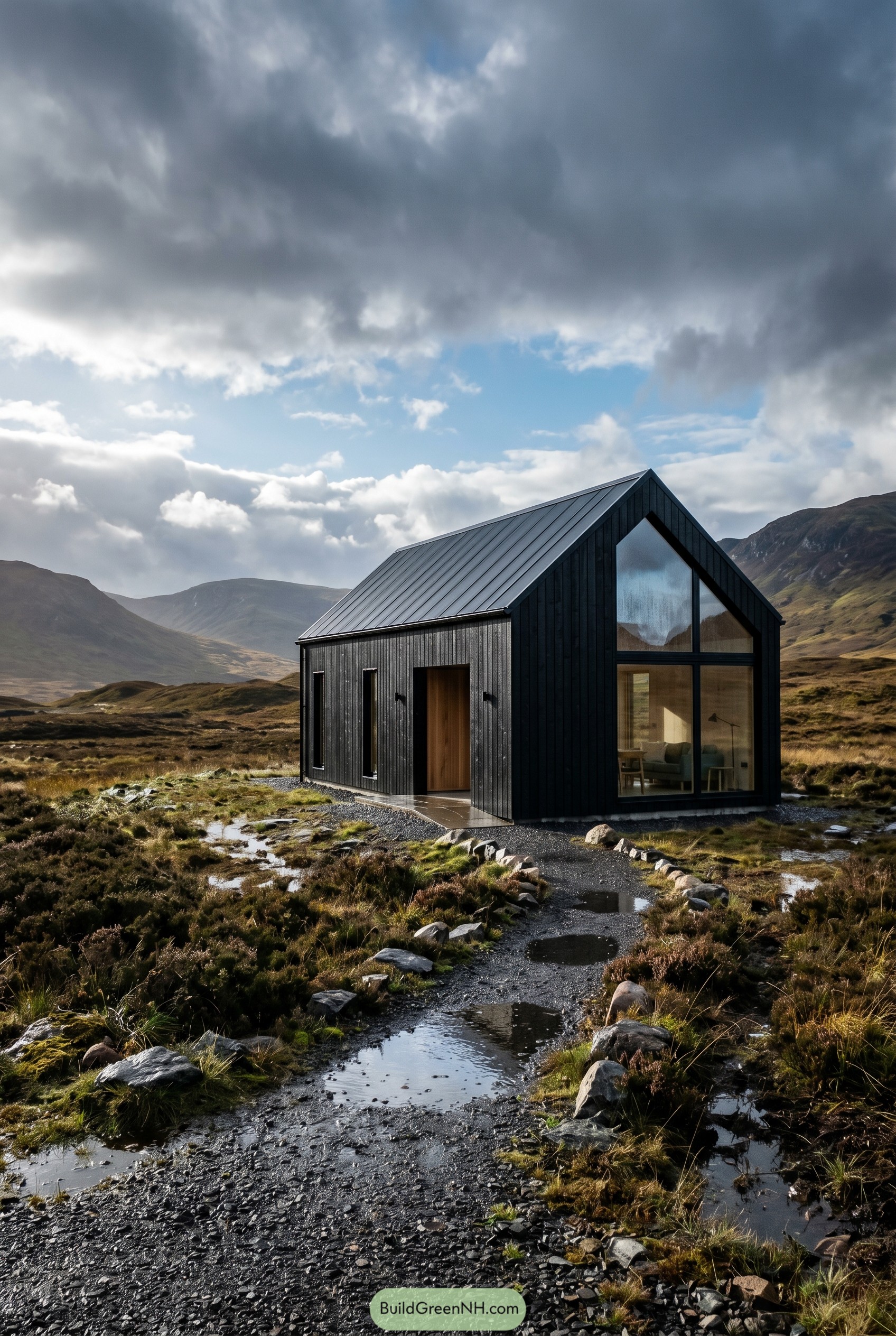 Black gabled cabin on rugged moor