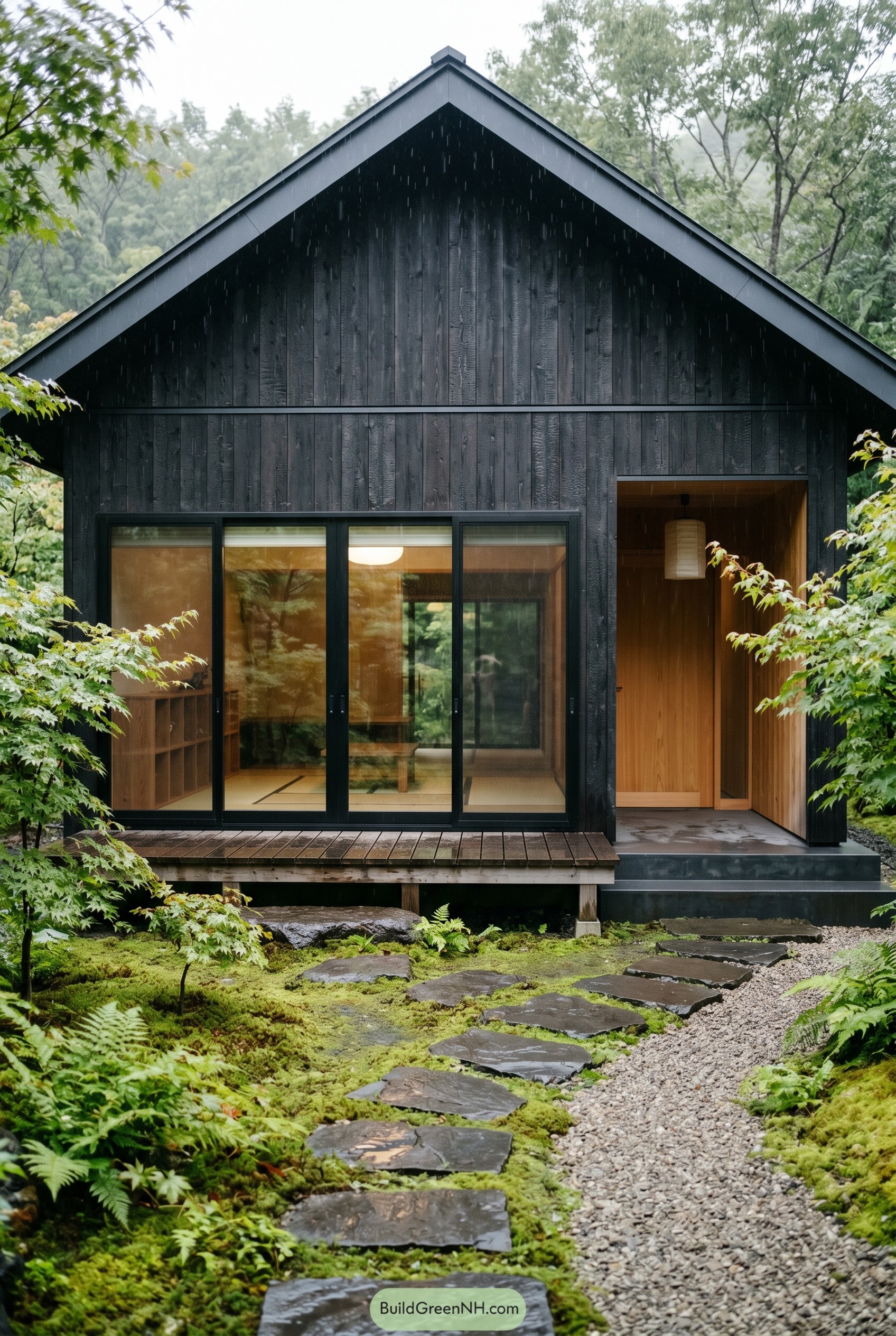 Black gabled cabin with sliding glass doors in a mossy garden