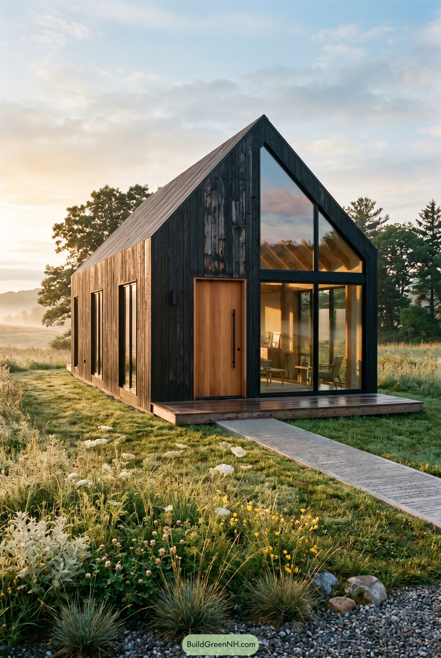 Dark gabled house with tall glass facade in a meadow