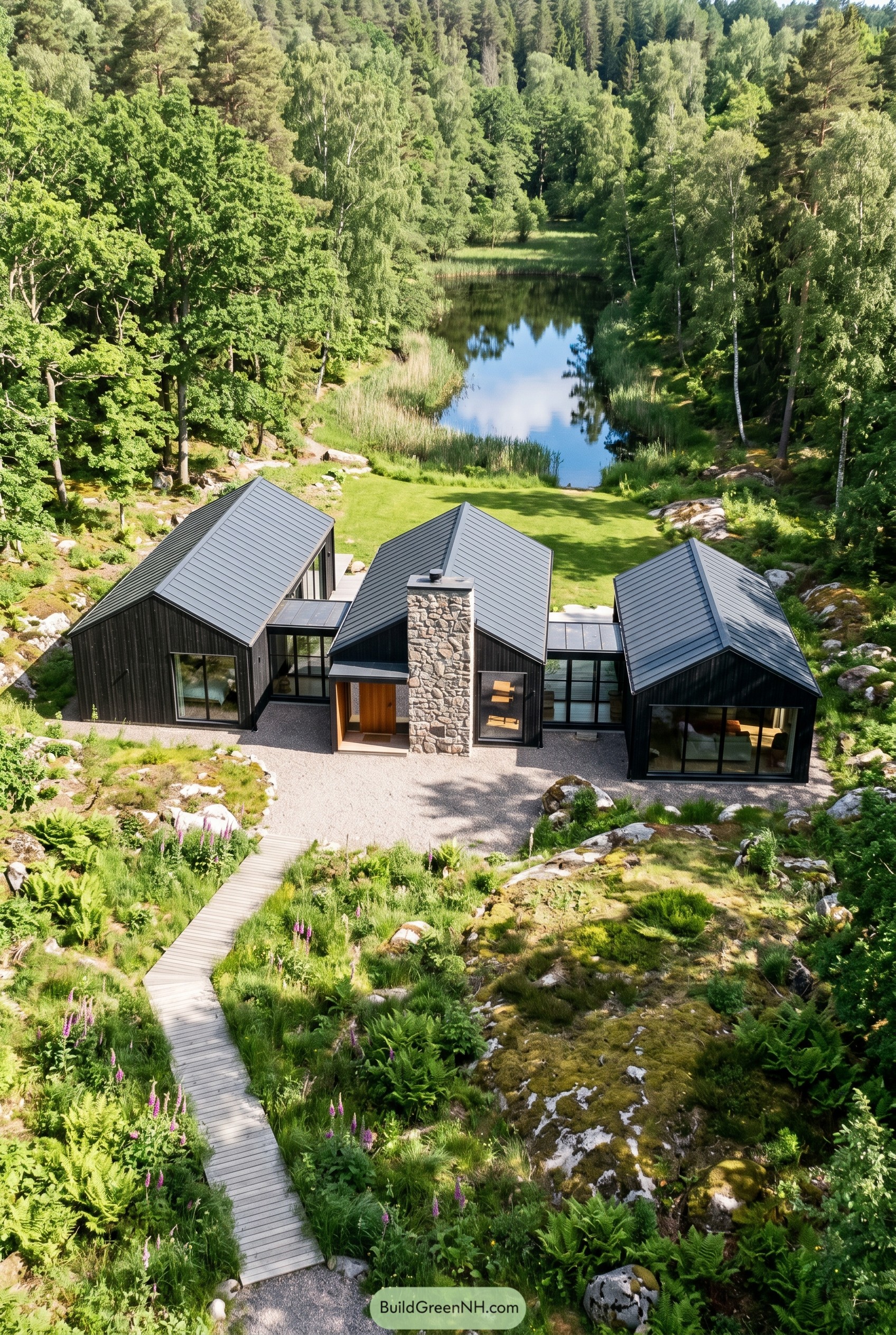 Black gabled modern home by a forest pond