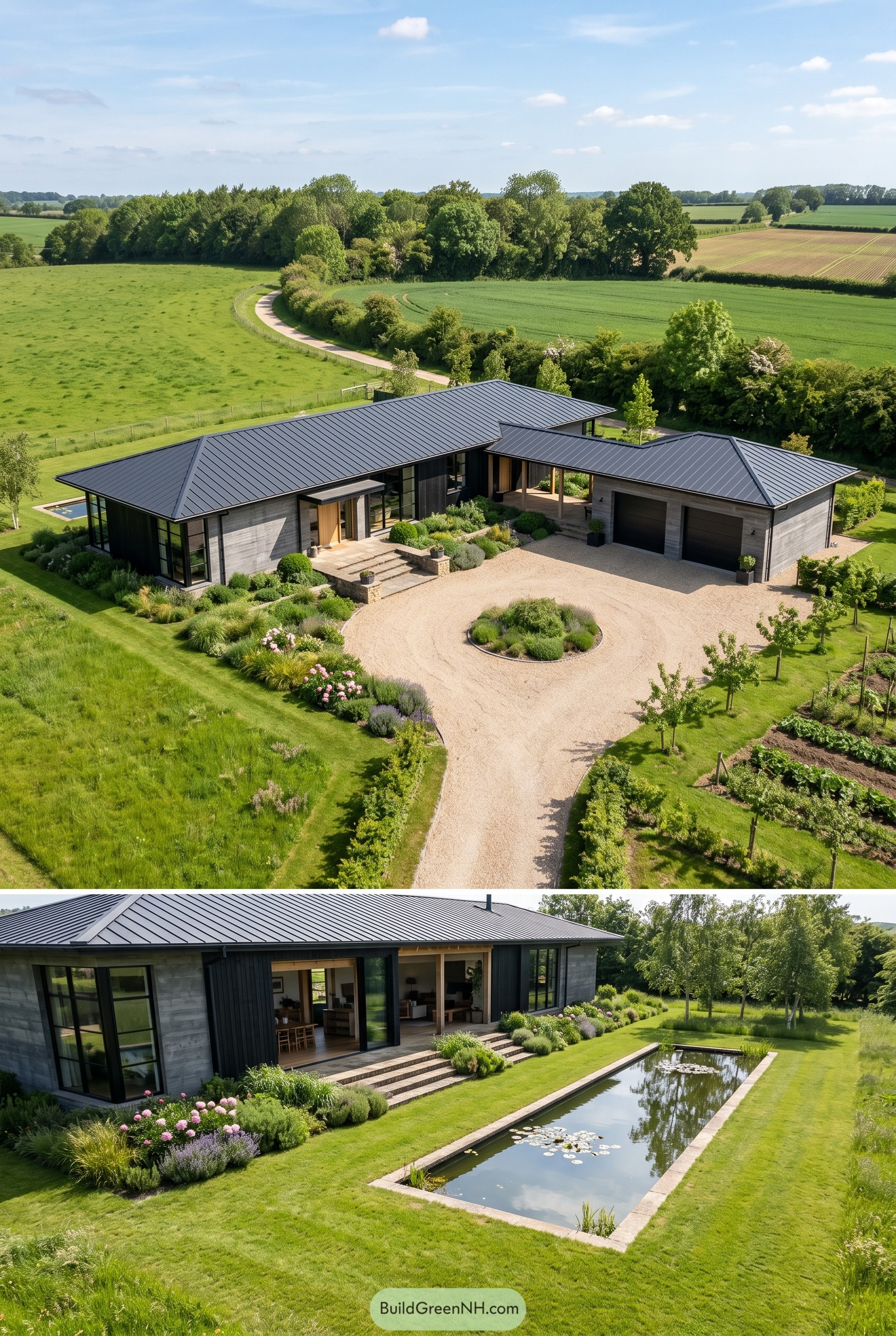 Dark modern country house with reflecting pond