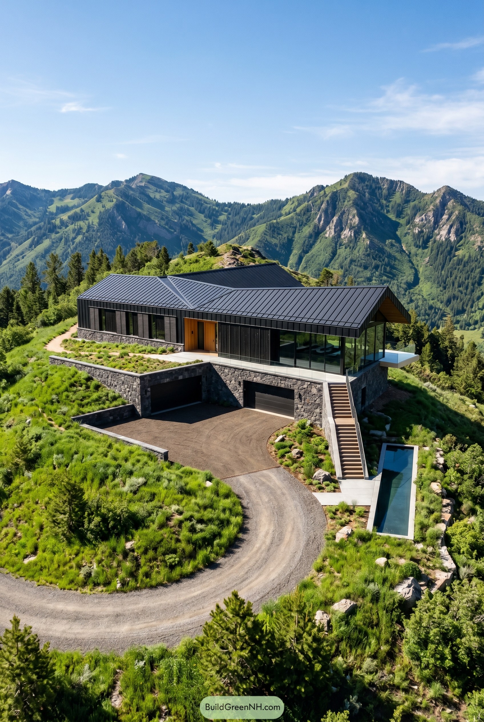 Dark mountain home with black roof stone base and lap pool