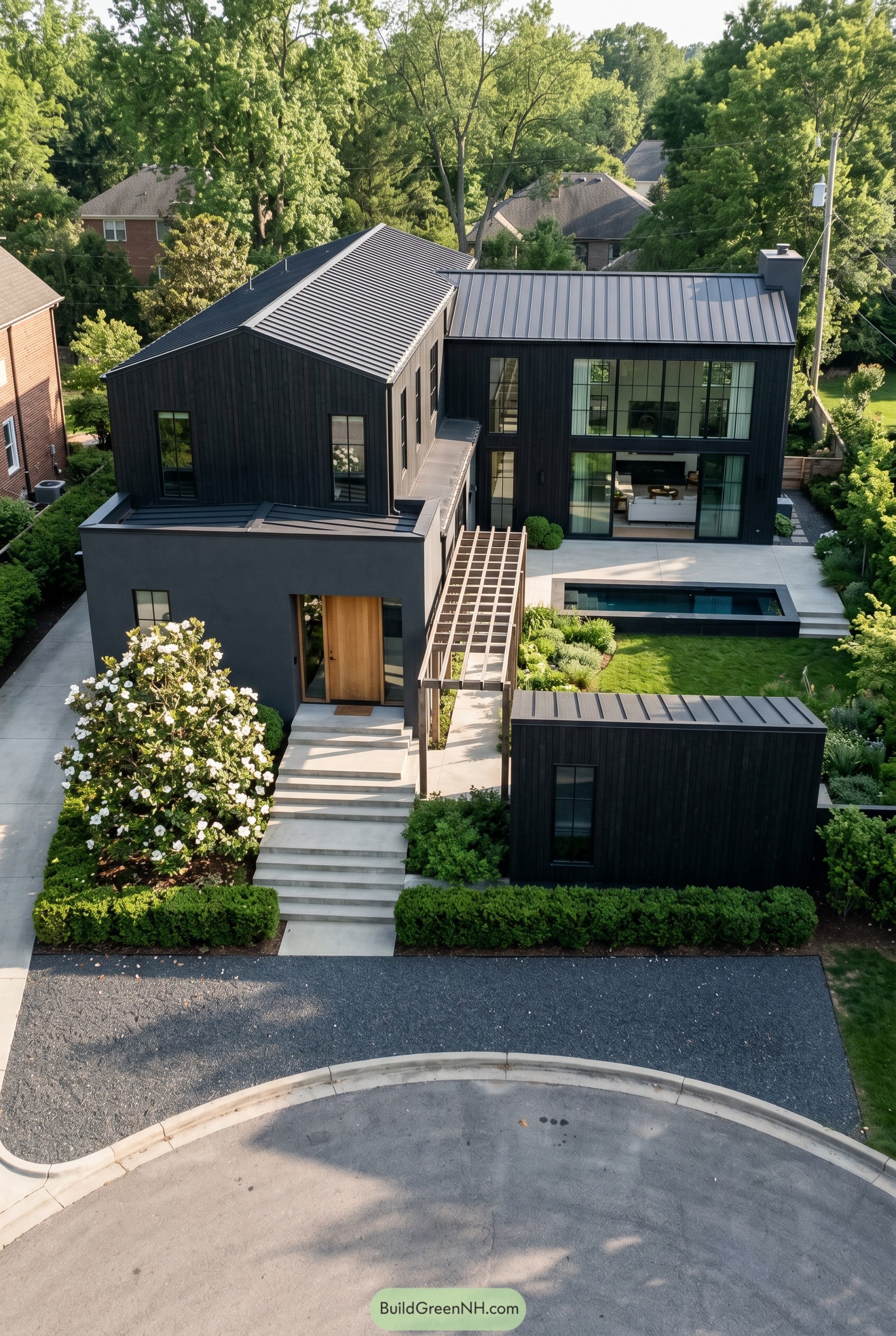Dark modern house with courtyard pool
