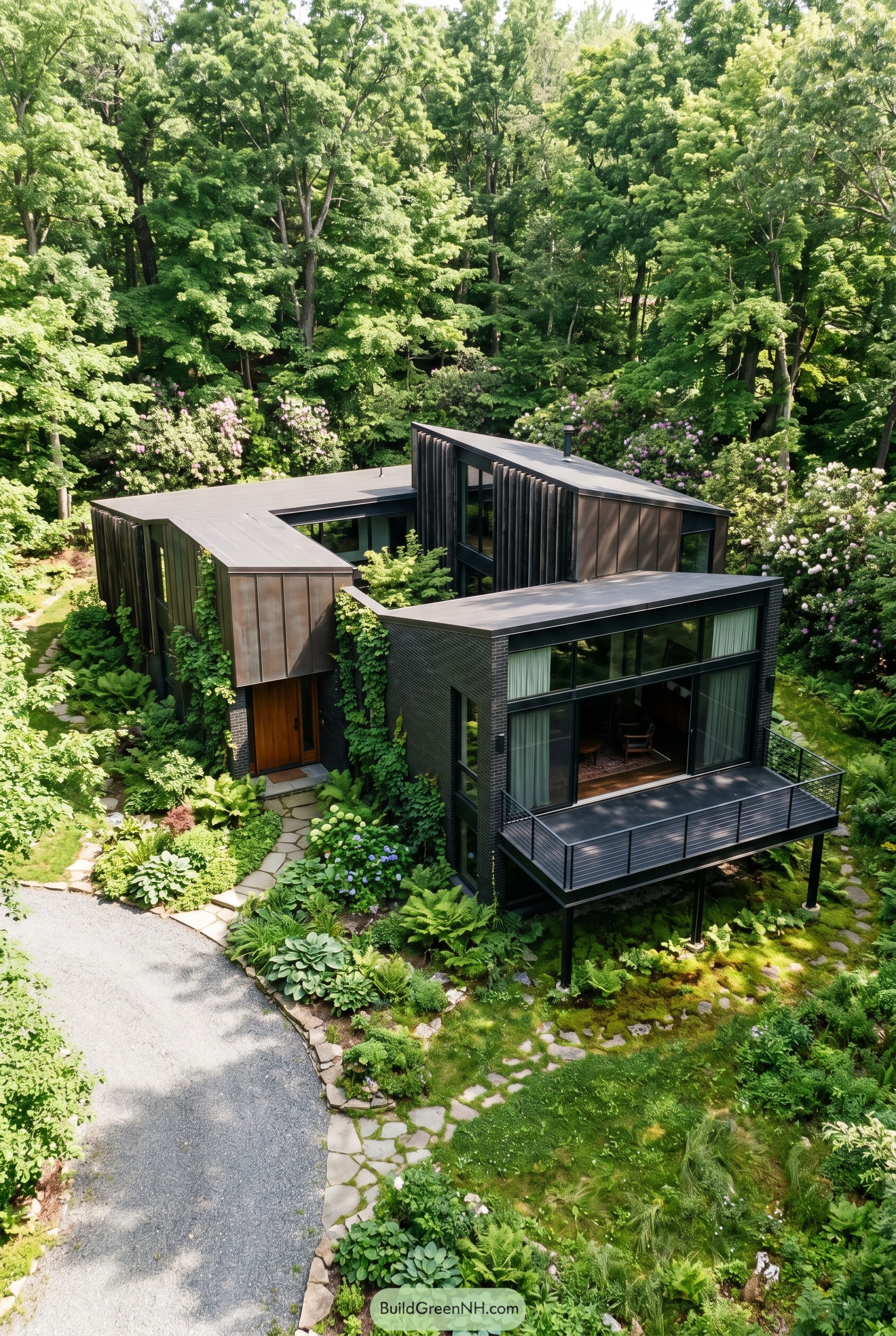 Dark modern house nestled in a lush woodland garden