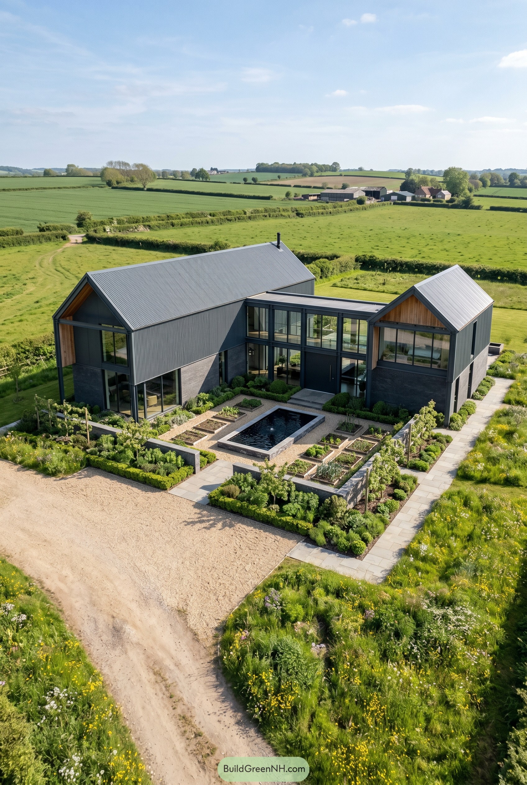 Dark modern barn house with courtyard pool
