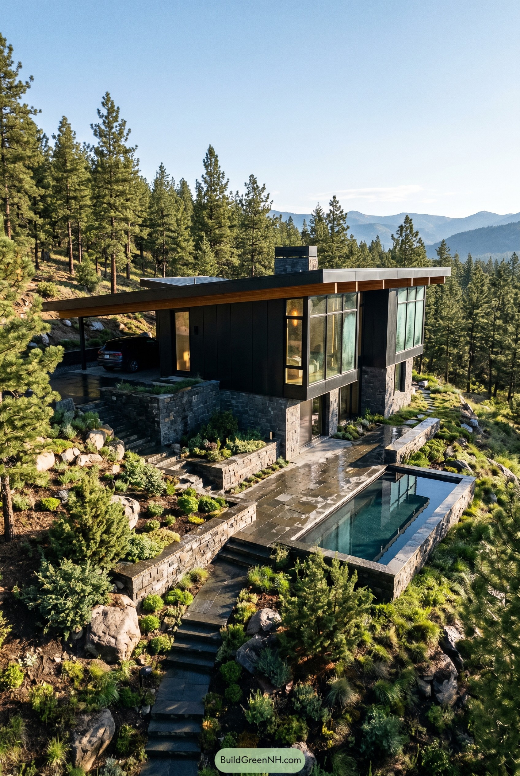 Dark modern hillside house with lap pool