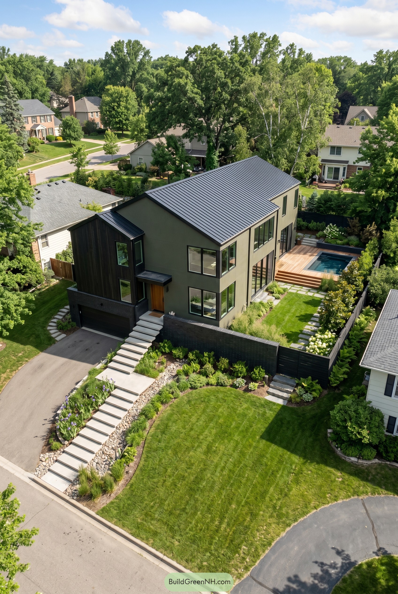 Dark modern gabled house with pool and stepped entry