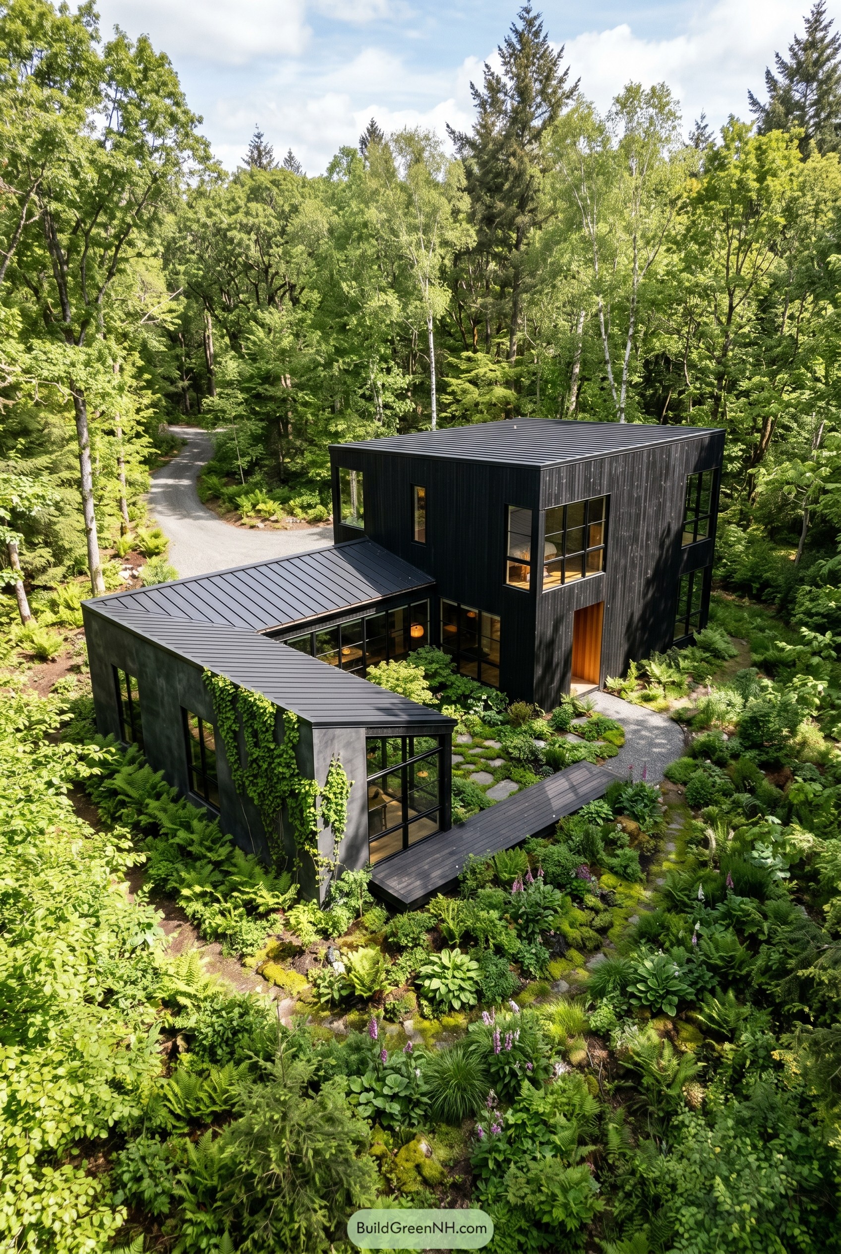 Black modern house in a lush woodland garden