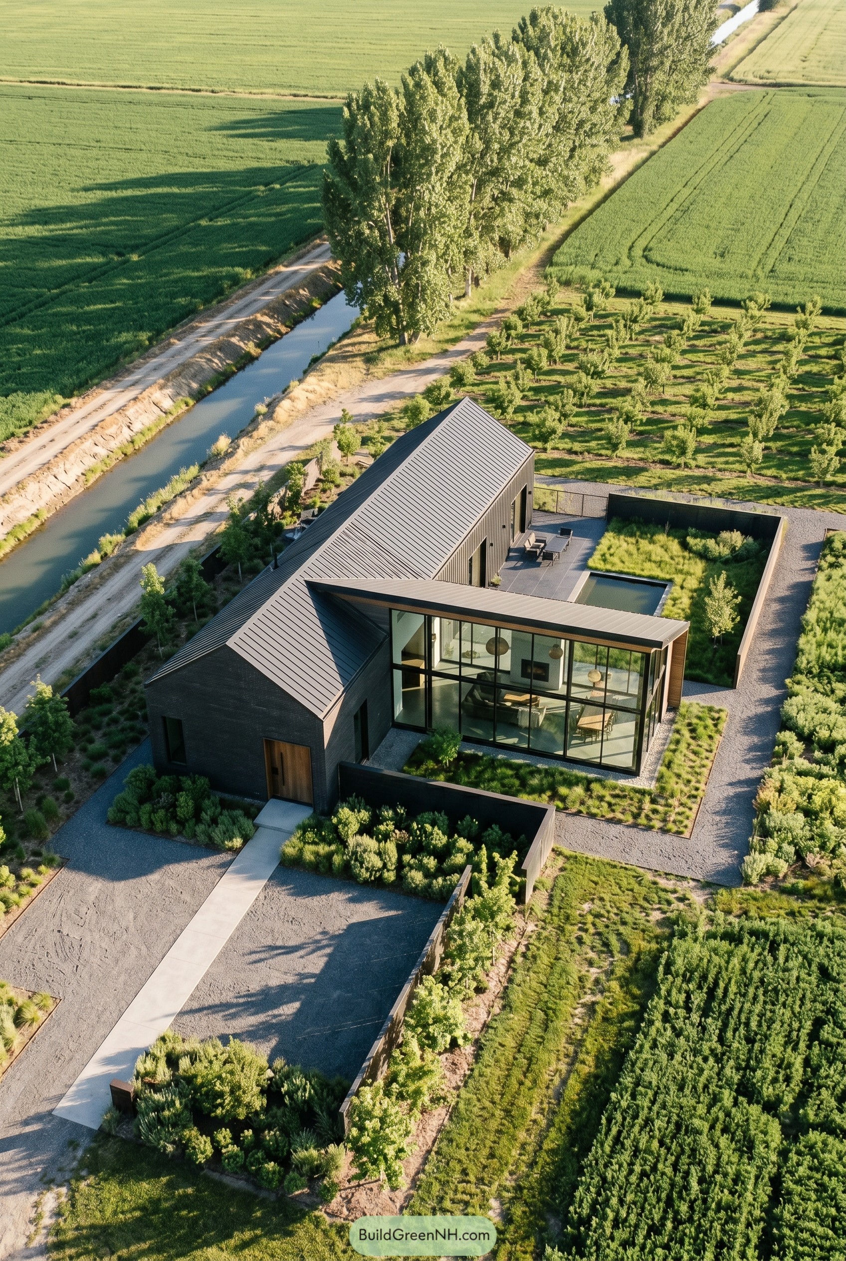 Dark modern barn house with orchard courtyard pool