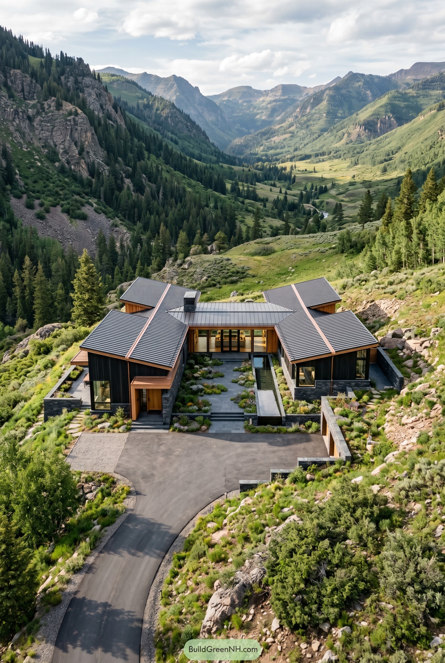 Dark modern mountain house with courtyard