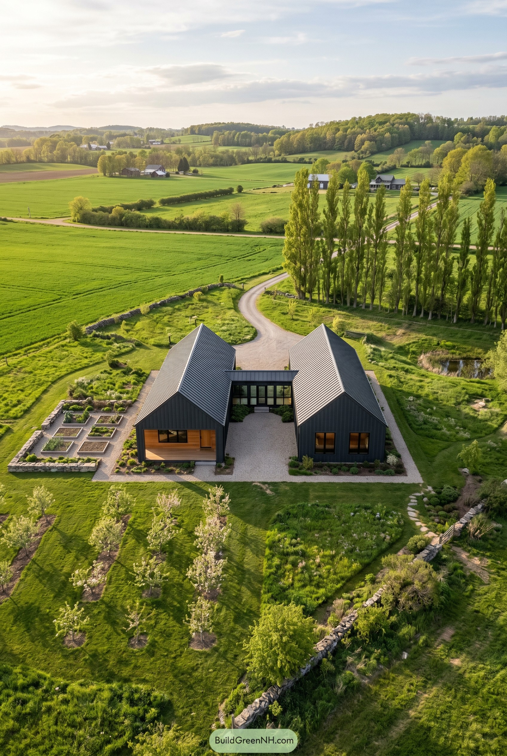 Black twin gabled modern home in rolling countryside