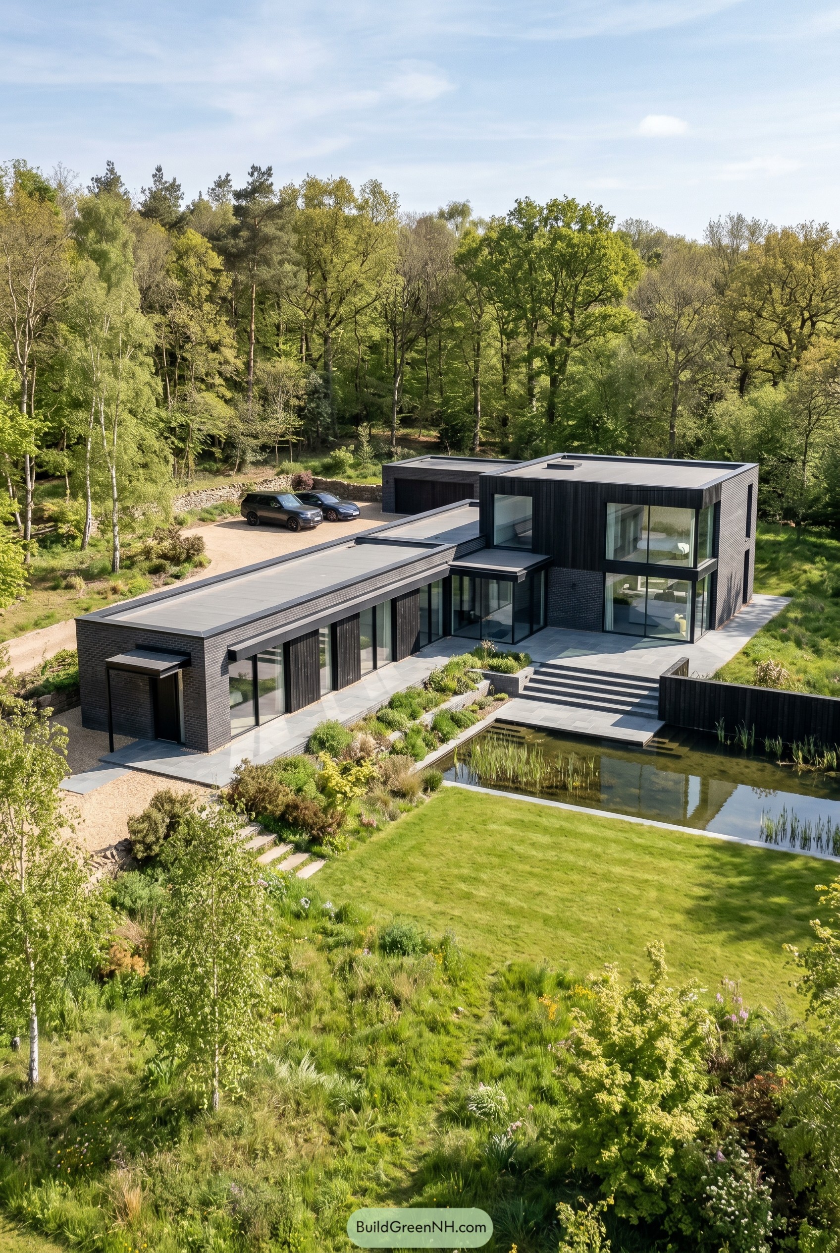 Dark modern house beside a pond in woodland