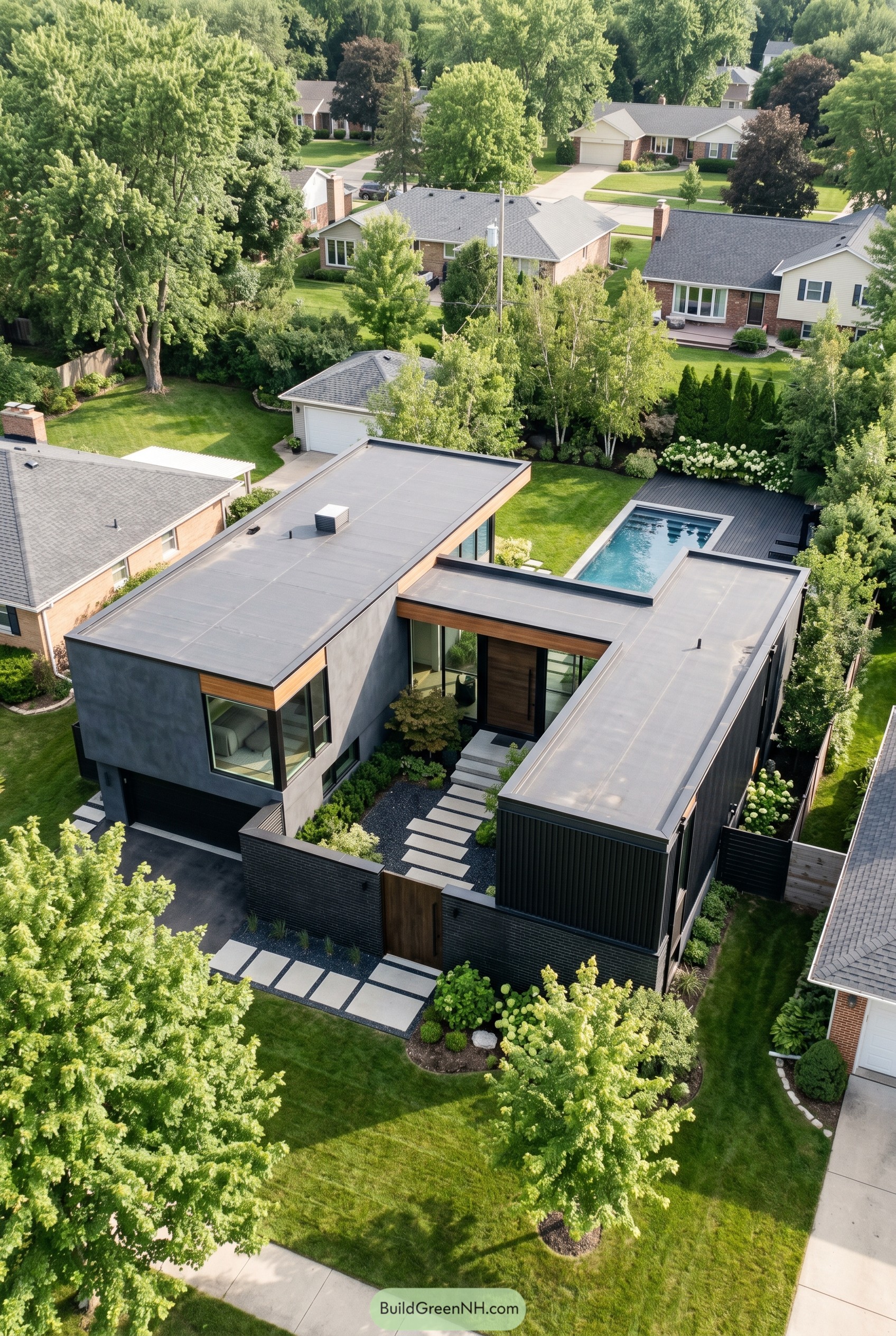 Dark modern home with flat roofs and pool