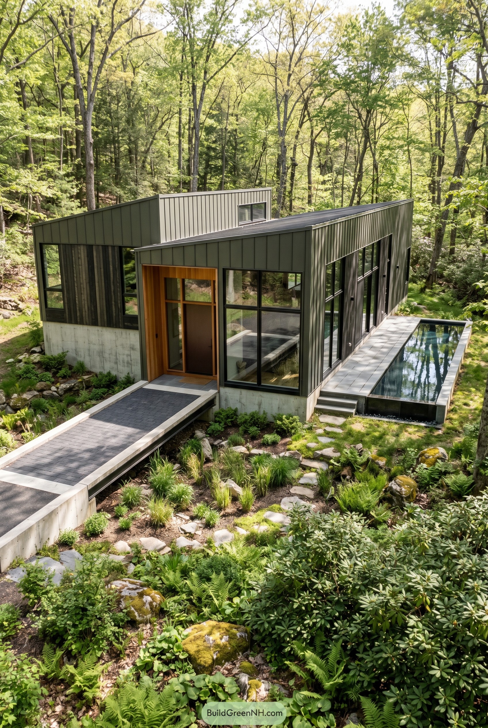 Dark green modern home in woods with reflecting pool