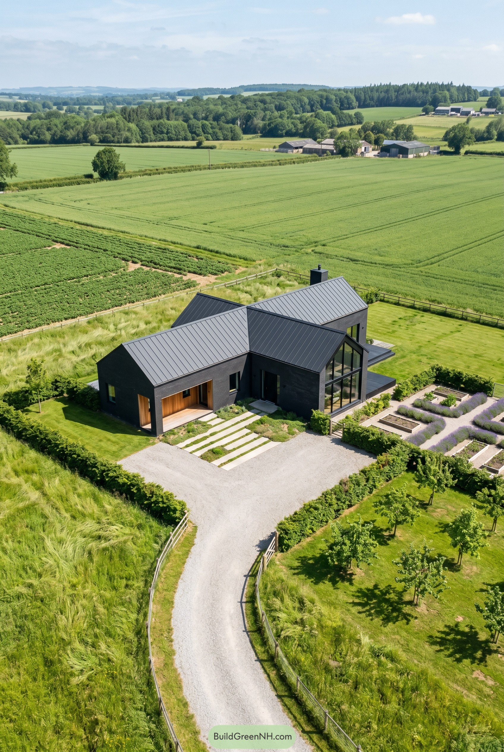Black modern gabled house in open farmland