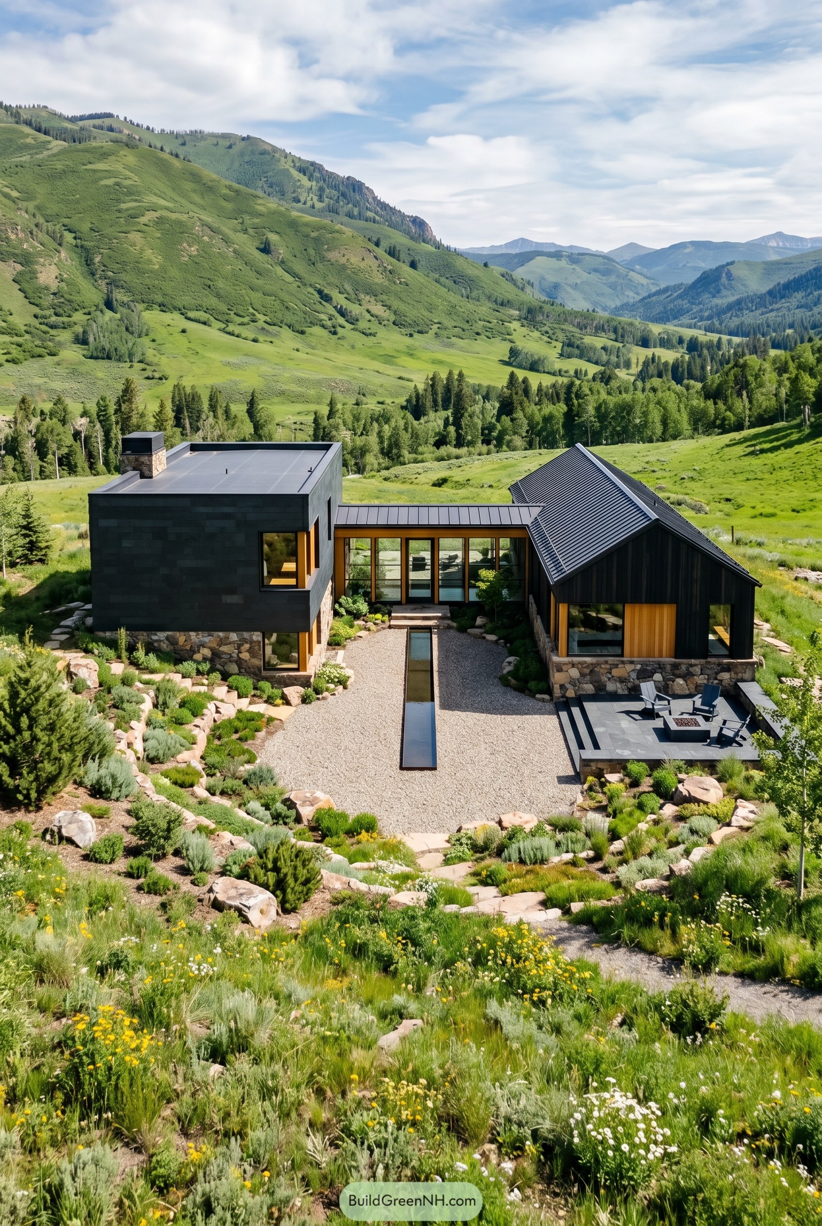 Dark modern mountain home with courtyard pool