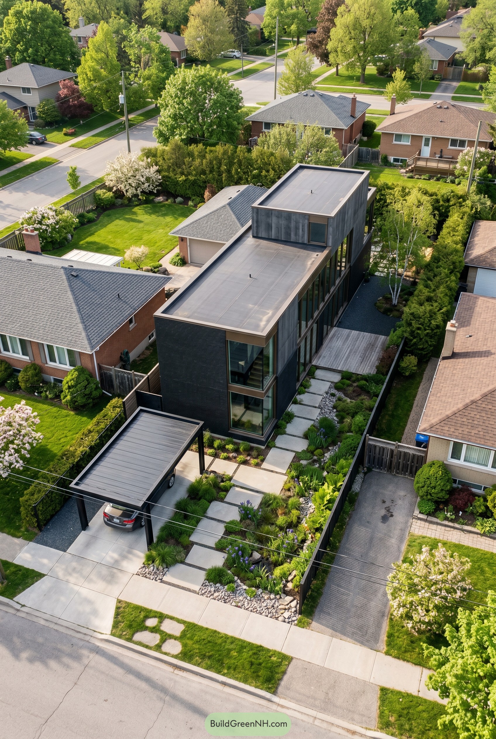 Aerial view of a narrow dark modern house with flat roofs and a landscaped entry