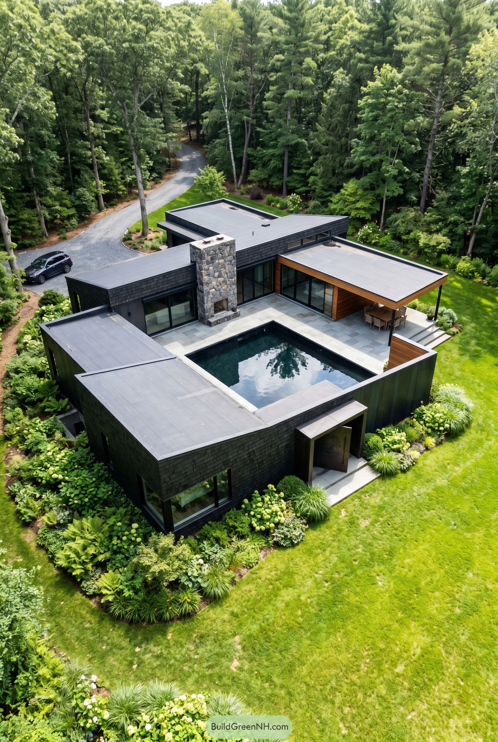Dark courtyard house with central pool