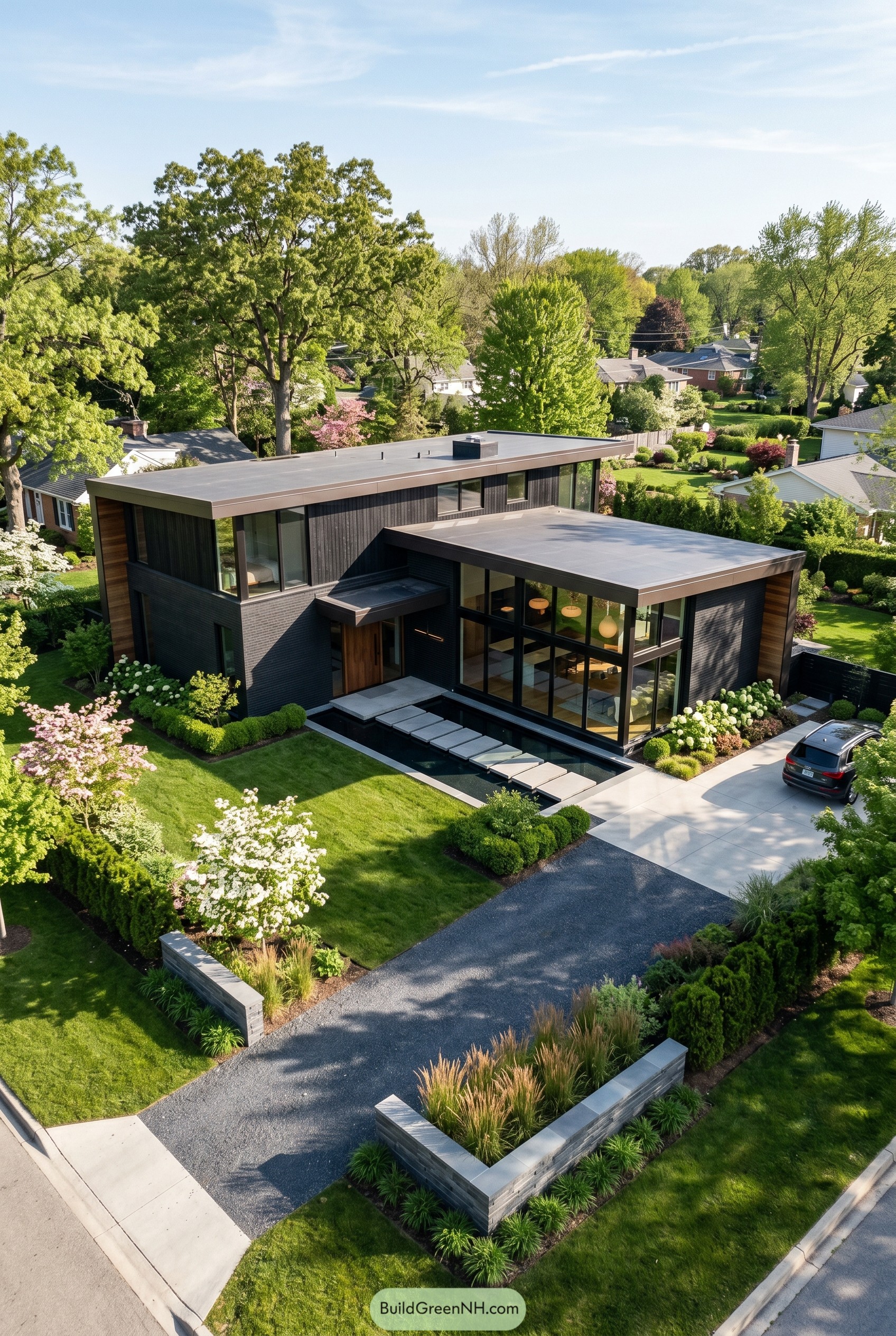 Dark modern house with reflecting pool and flat roofs