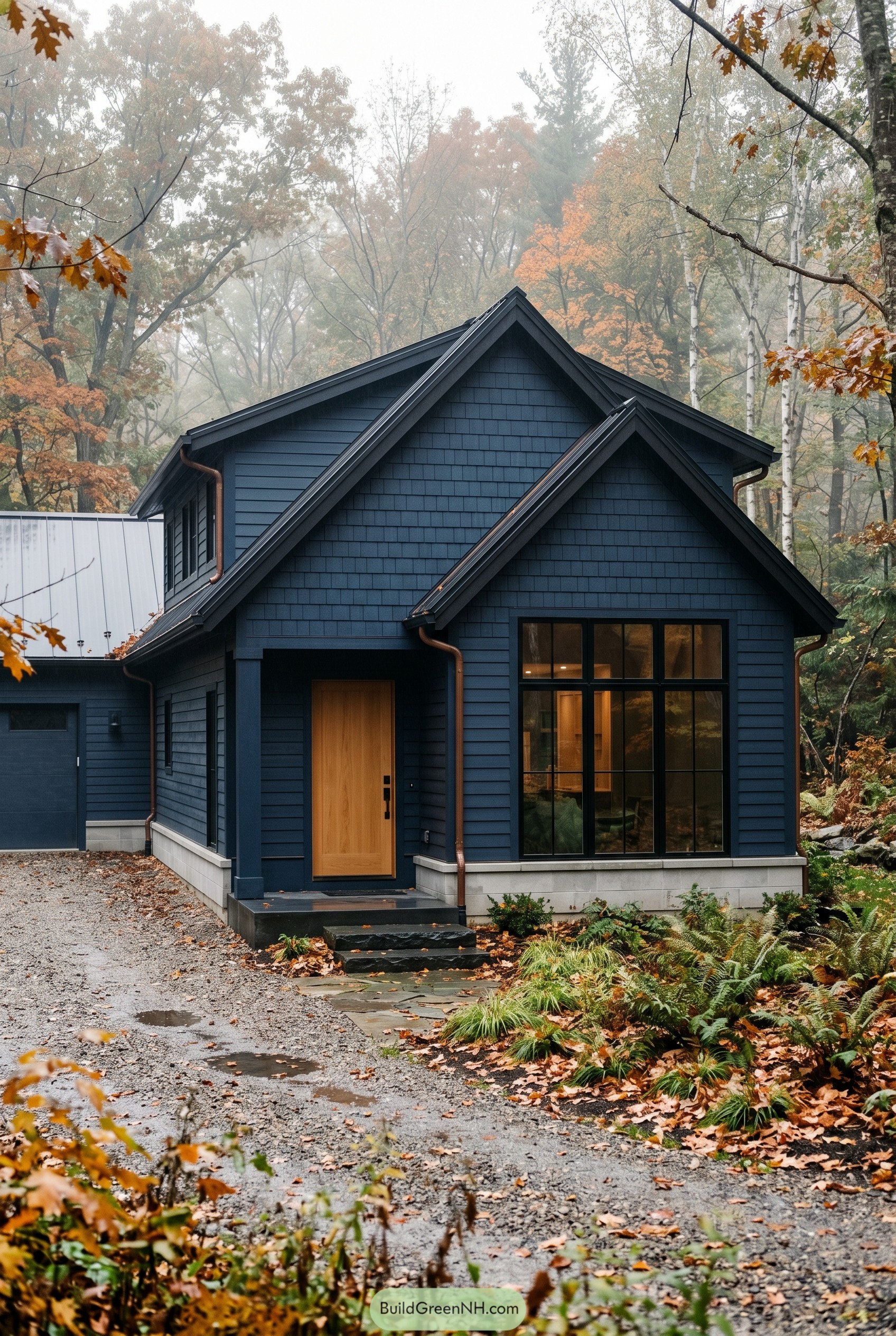 Deep navy gabled house with warm wood entry