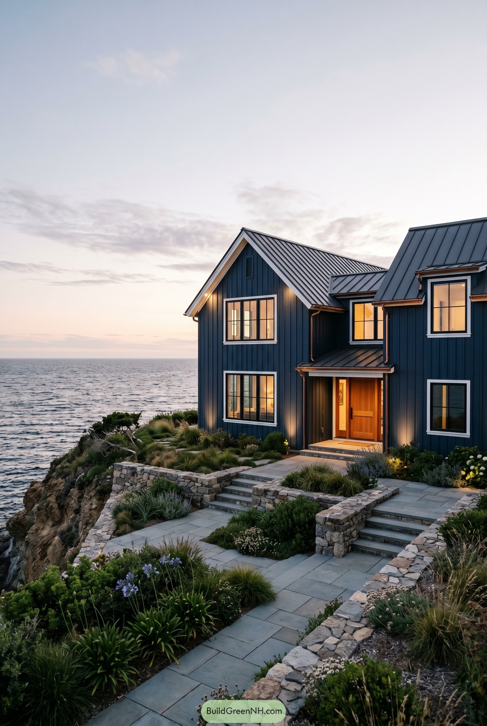 Deep navy gabled cliffside home at sunset