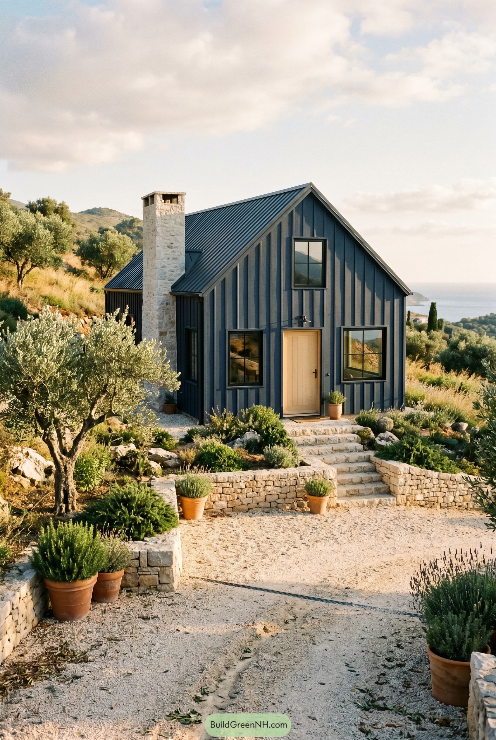 Deep navy gabled cottage with stone chimney