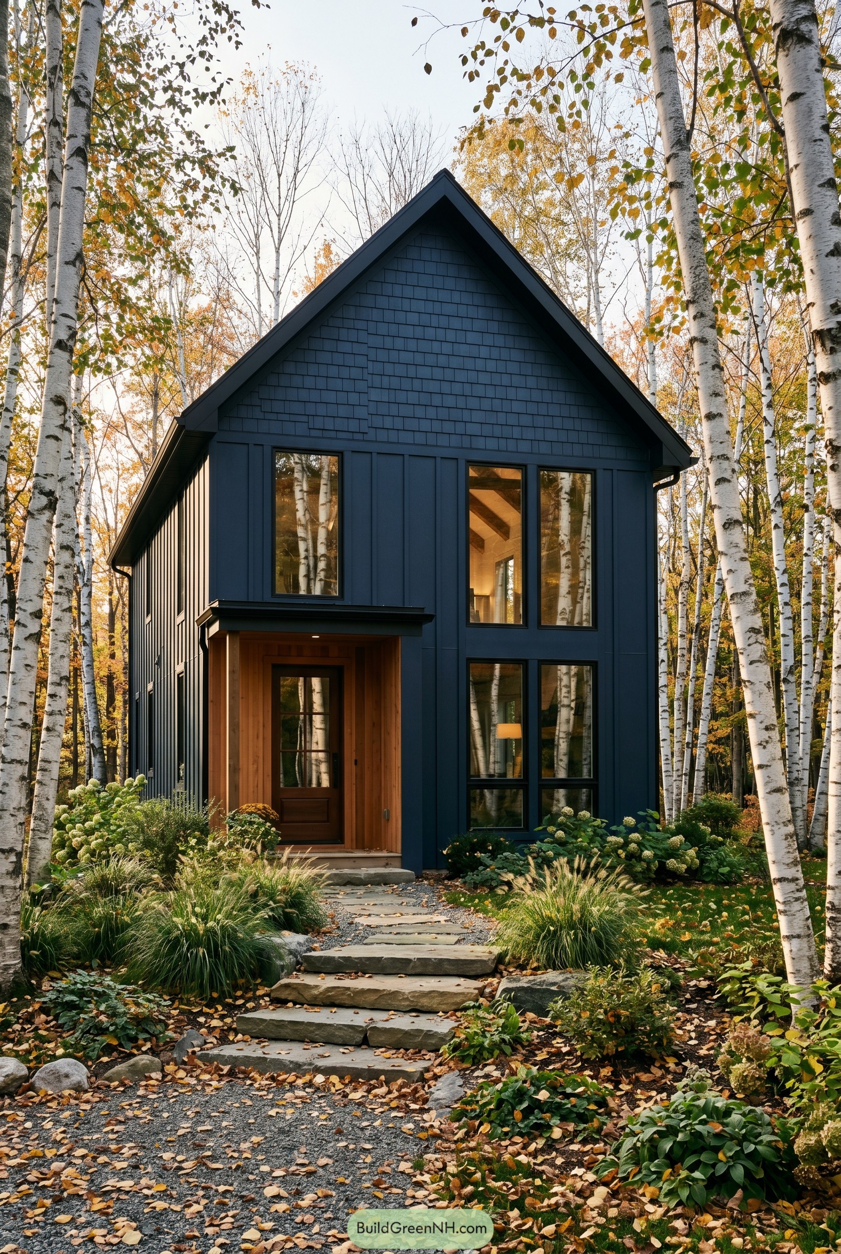 Deep navy modern gabled house in birch grove