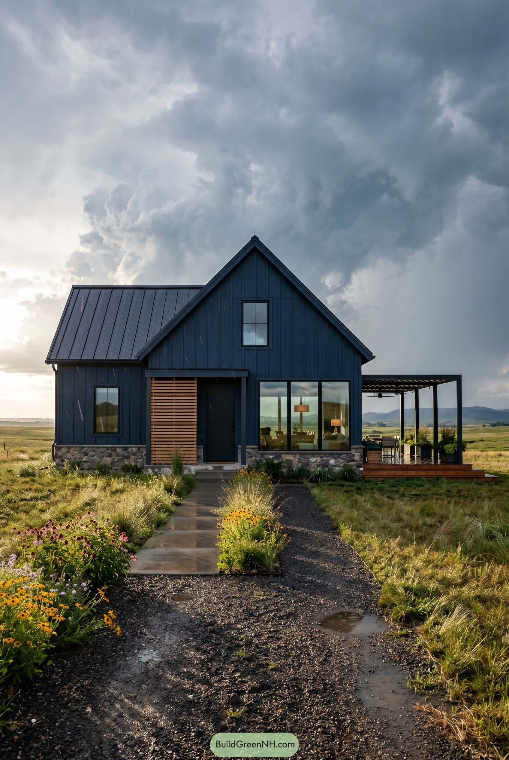 Deep navy gabled house with covered deck