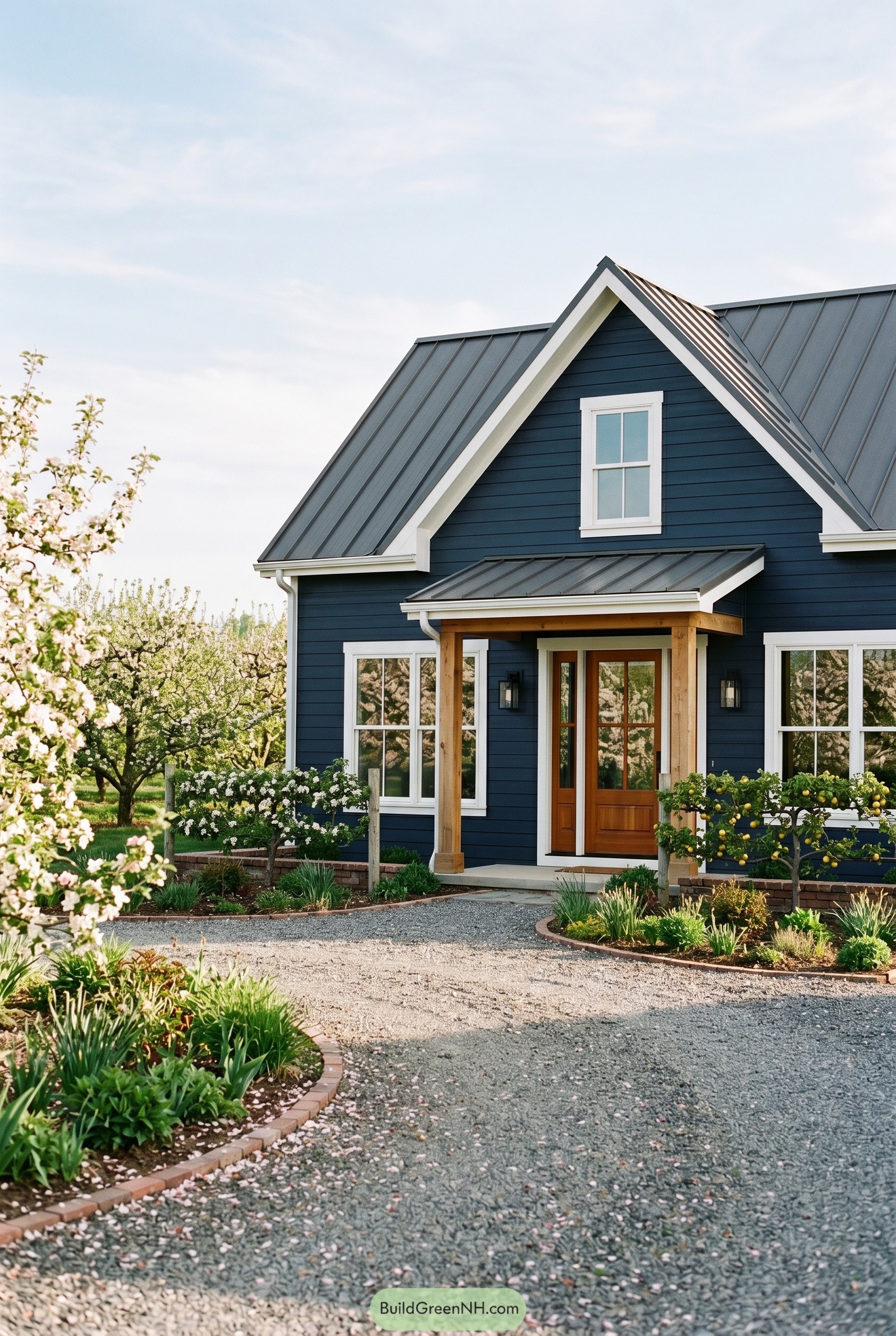 Deep navy gabled house with wood porch in orchard