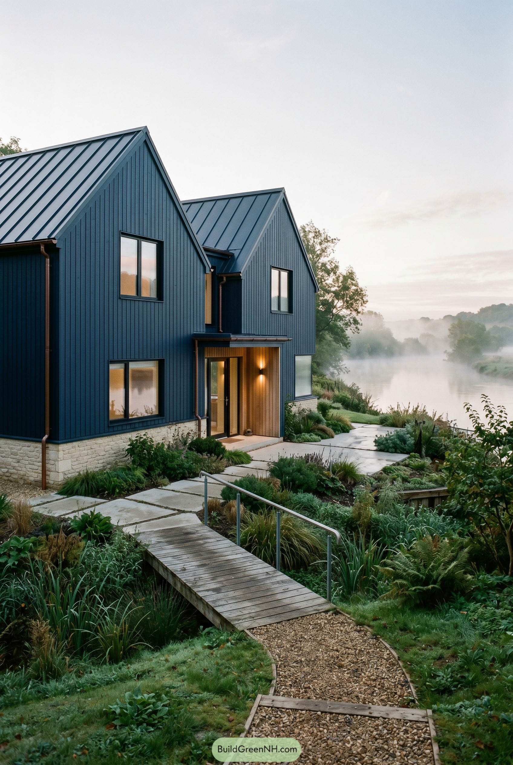 Modern deep navy twin gabled home by a misty river