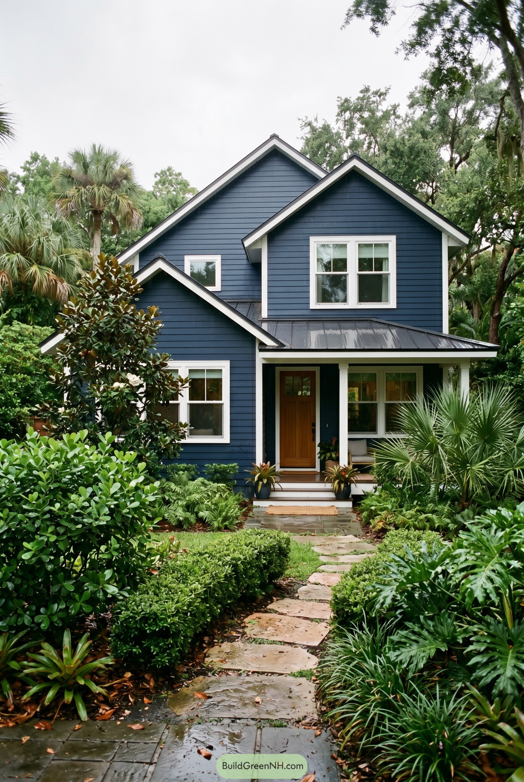Deep navy gabled house in a tropical garden