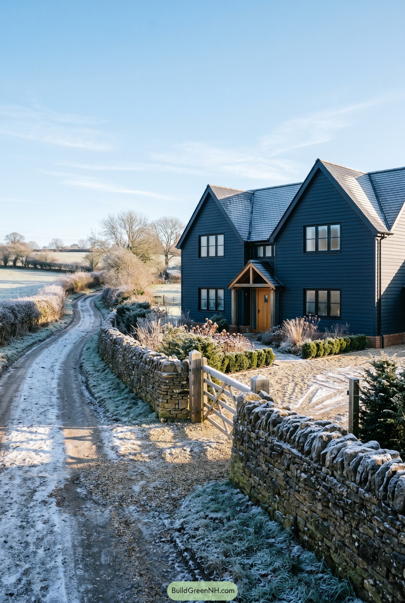 Deep navy gabled house on a frosty country lane