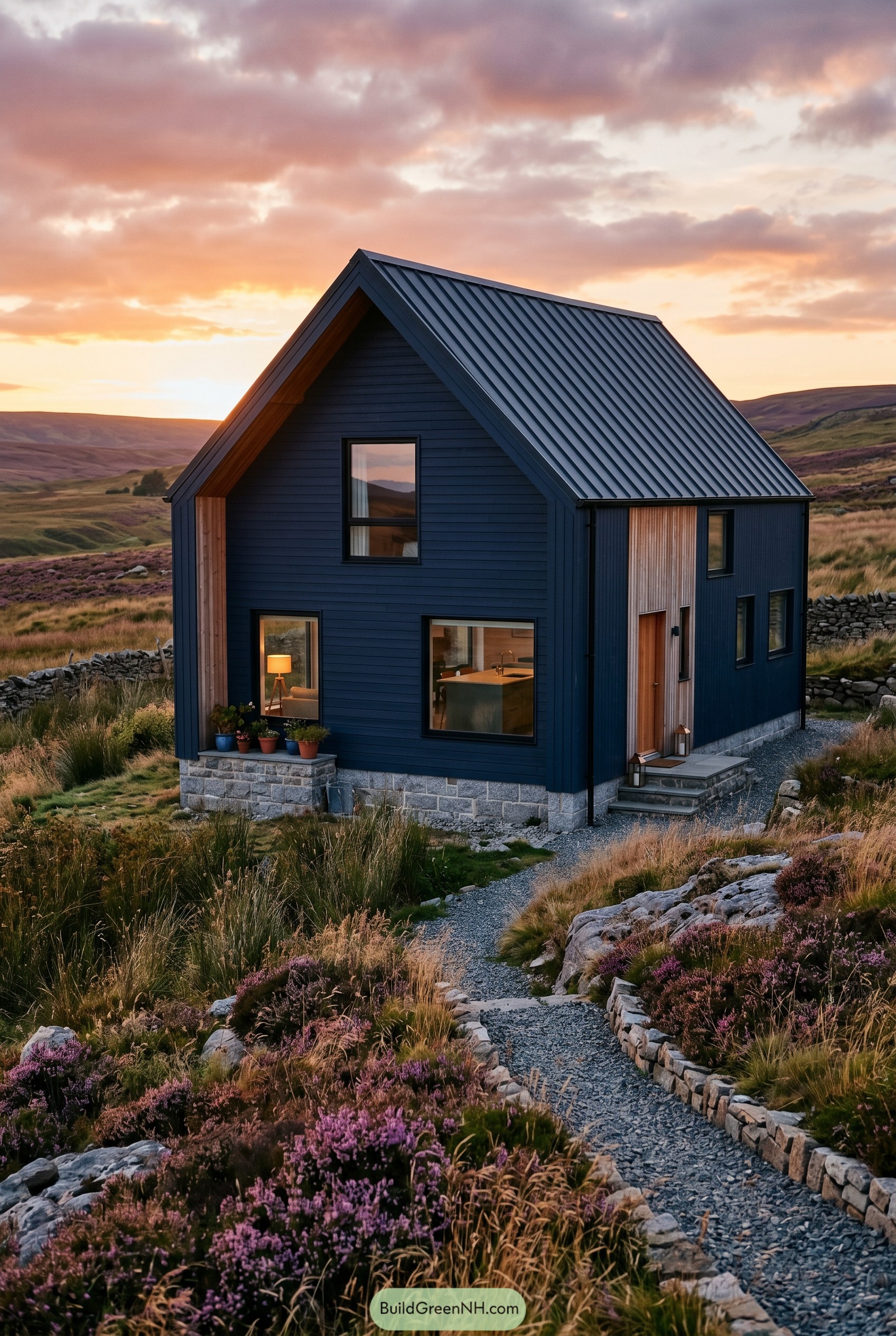 Deep navy gabled house in heather moor