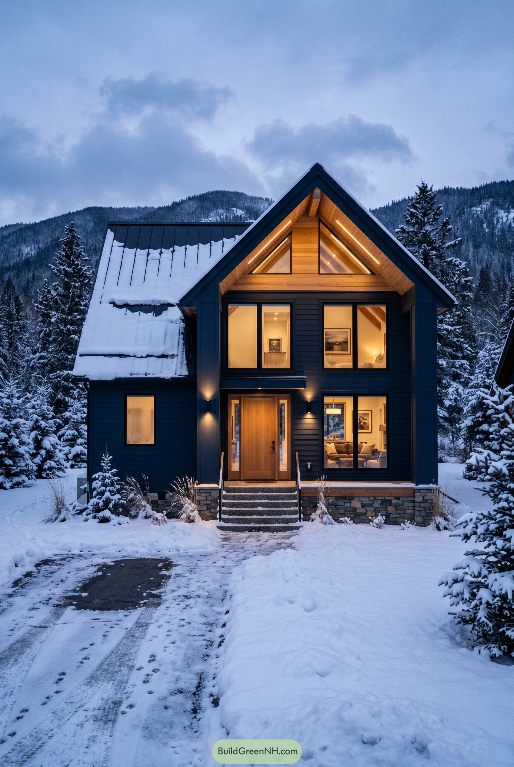 Deep navy modern gabled house in snow