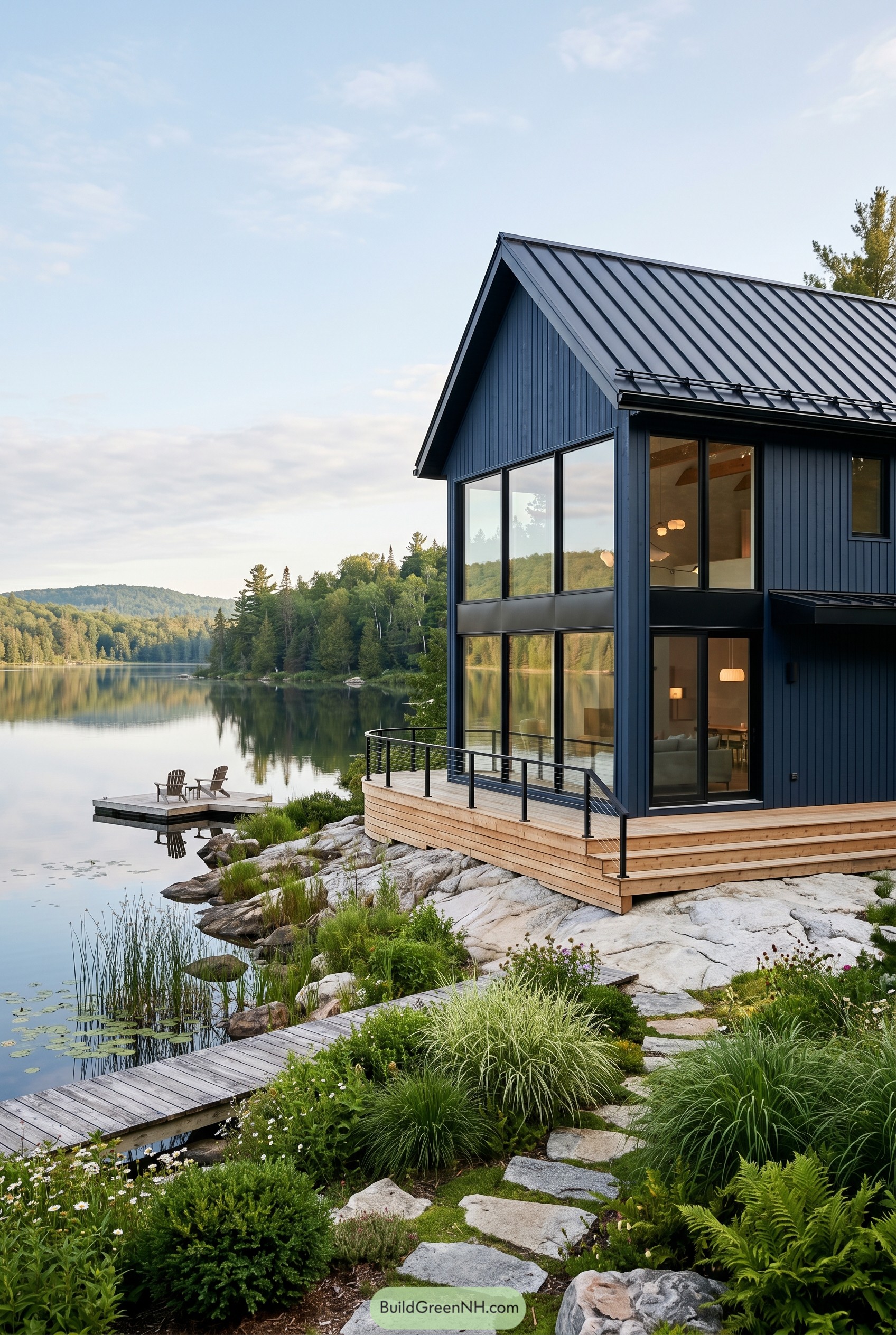 Deep navy modern gabled house on a rocky lakefront