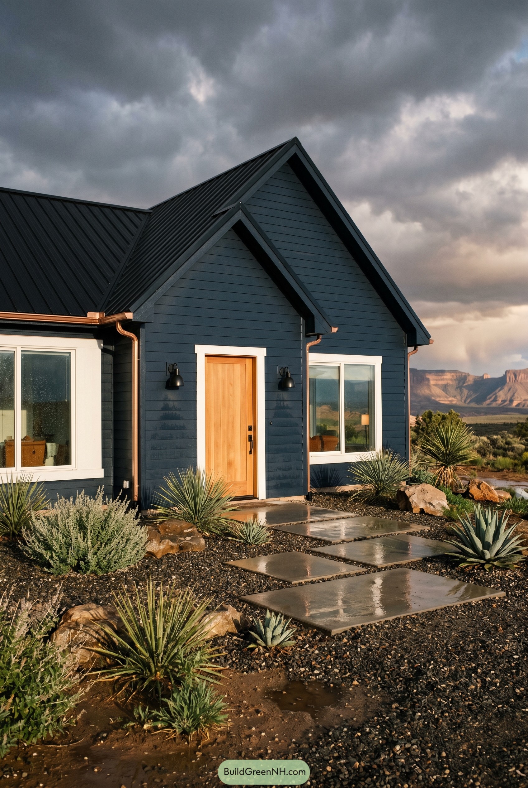 Deep navy gabled house with desert landscaping