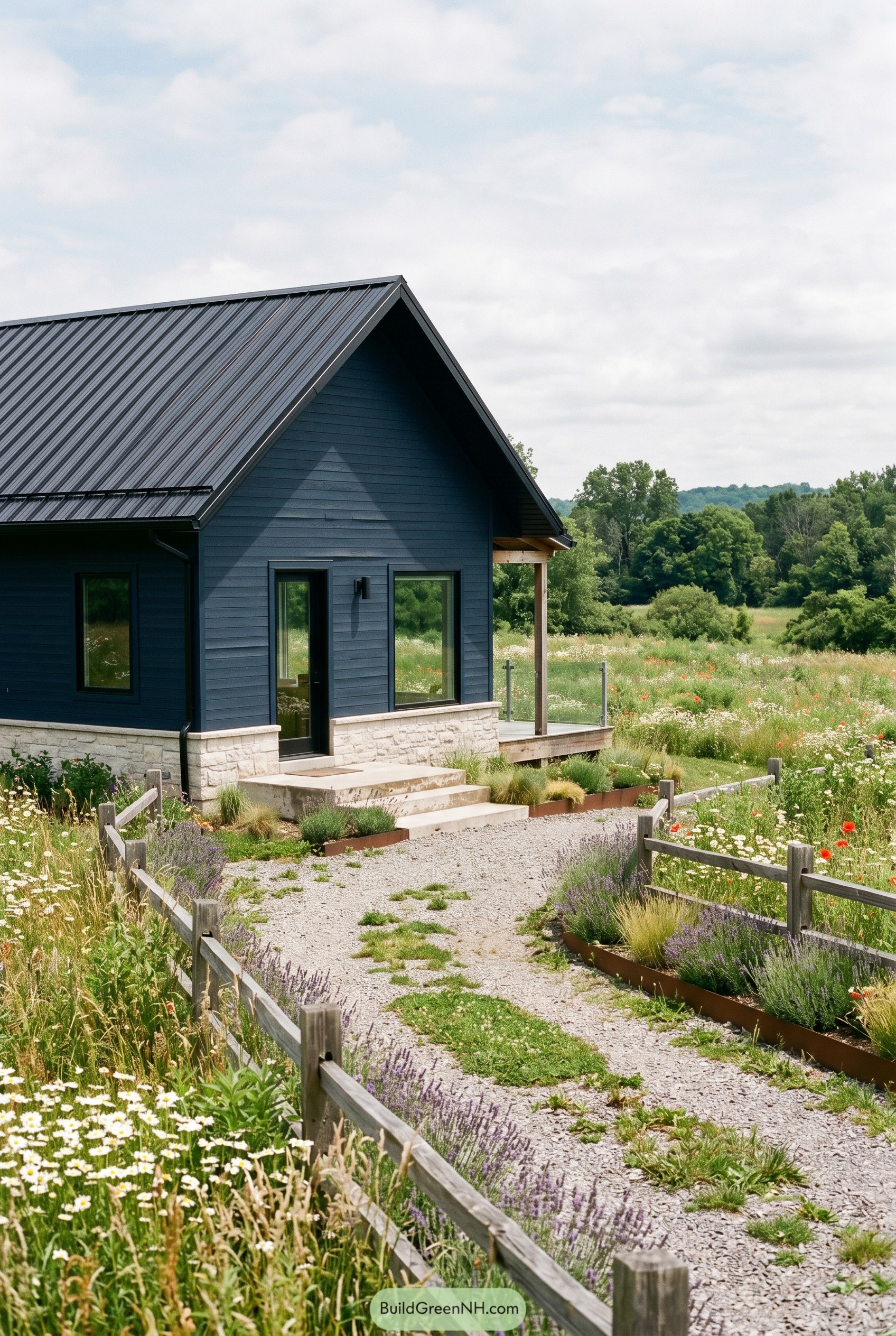Deep navy gabled house by wildflowers