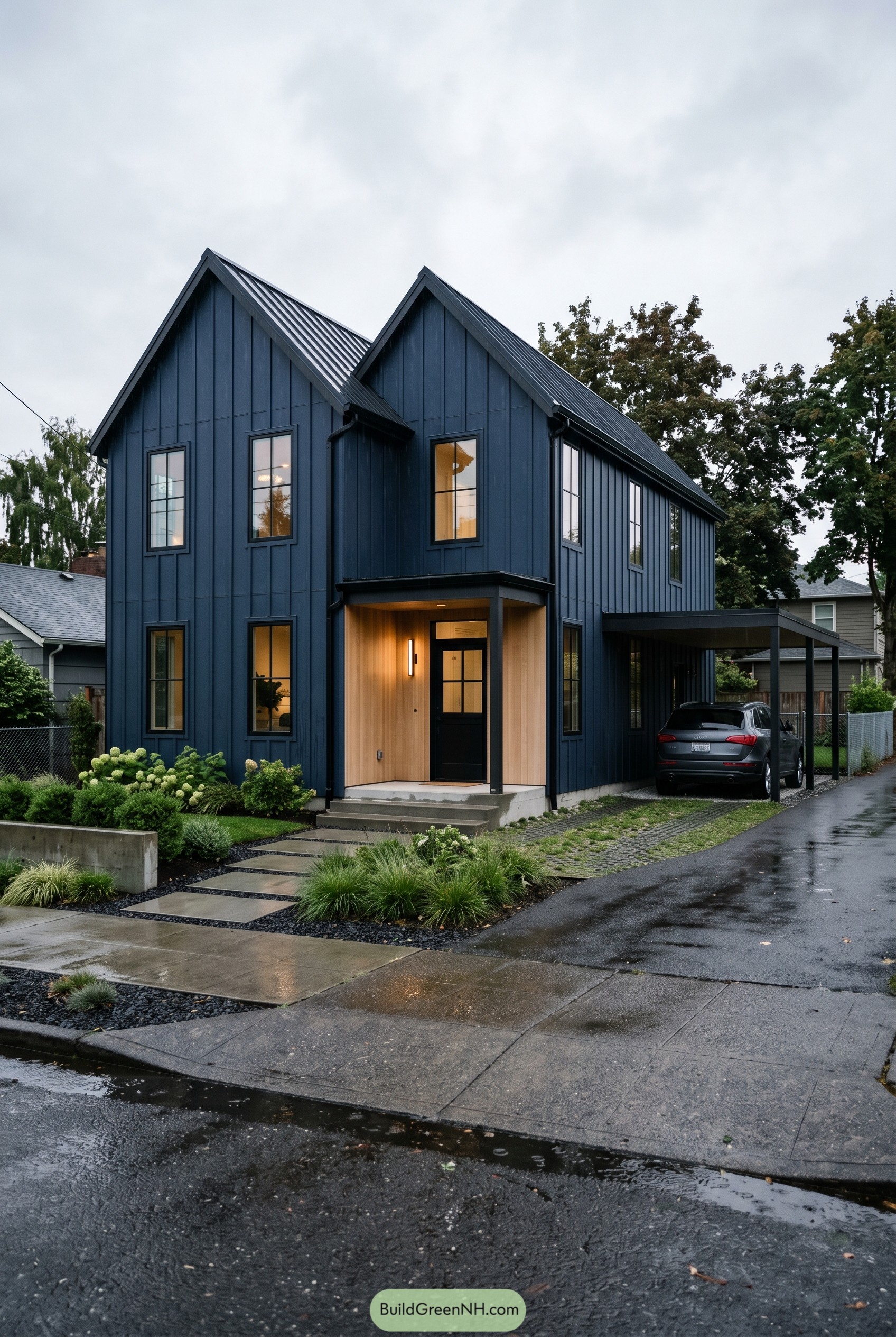 Deep navy twin gable house with carport