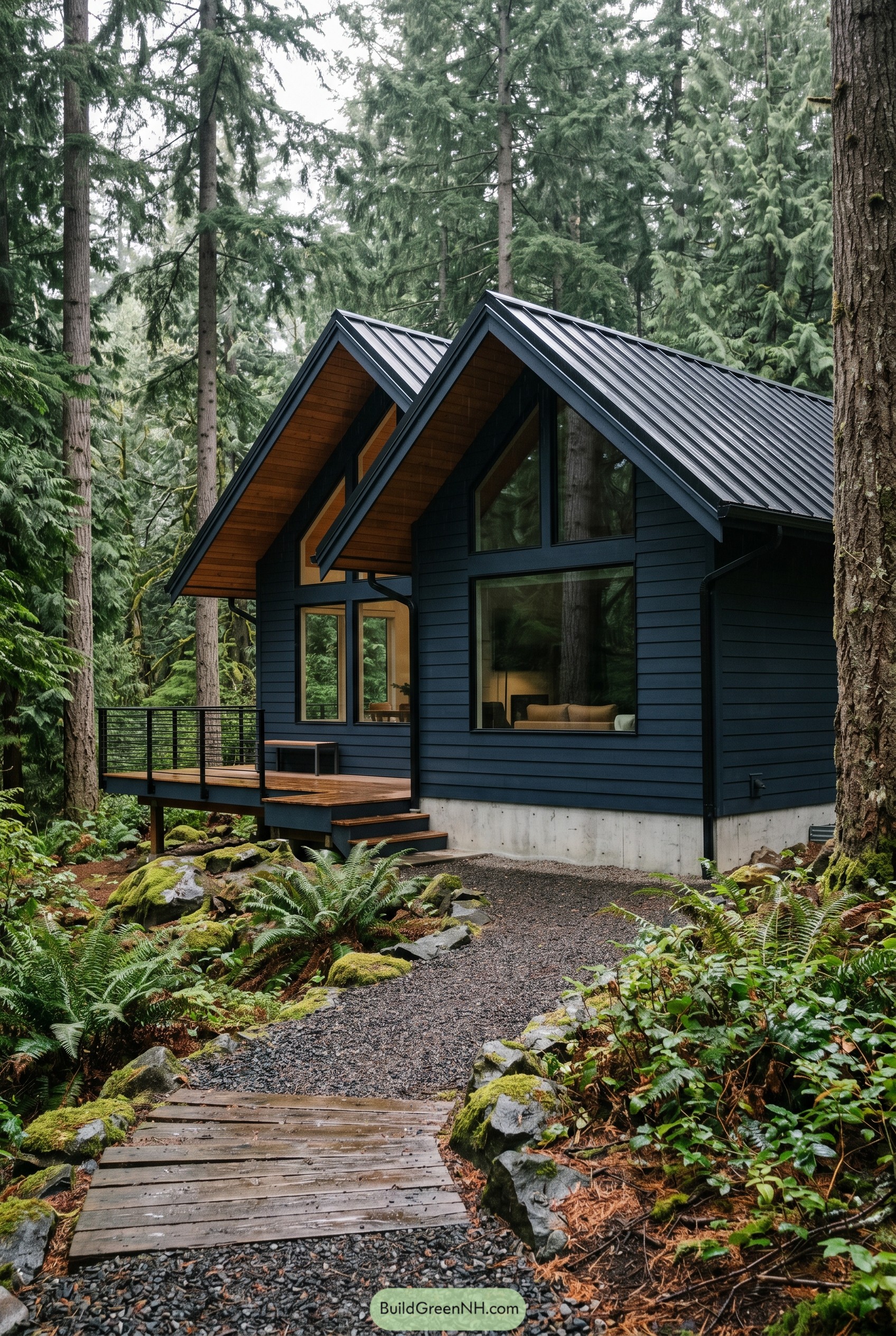 Deep navy double gable cabin in evergreens