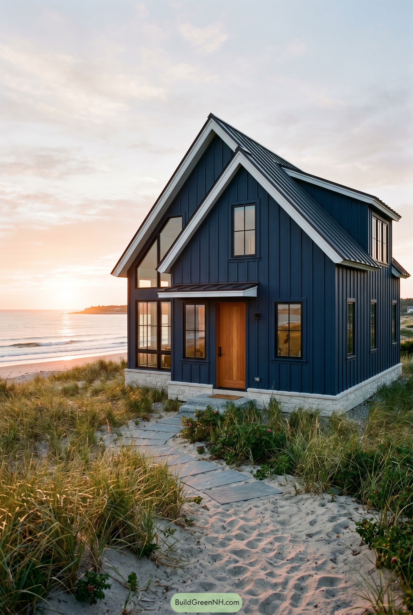 Deep navy gabled house on sandy beach