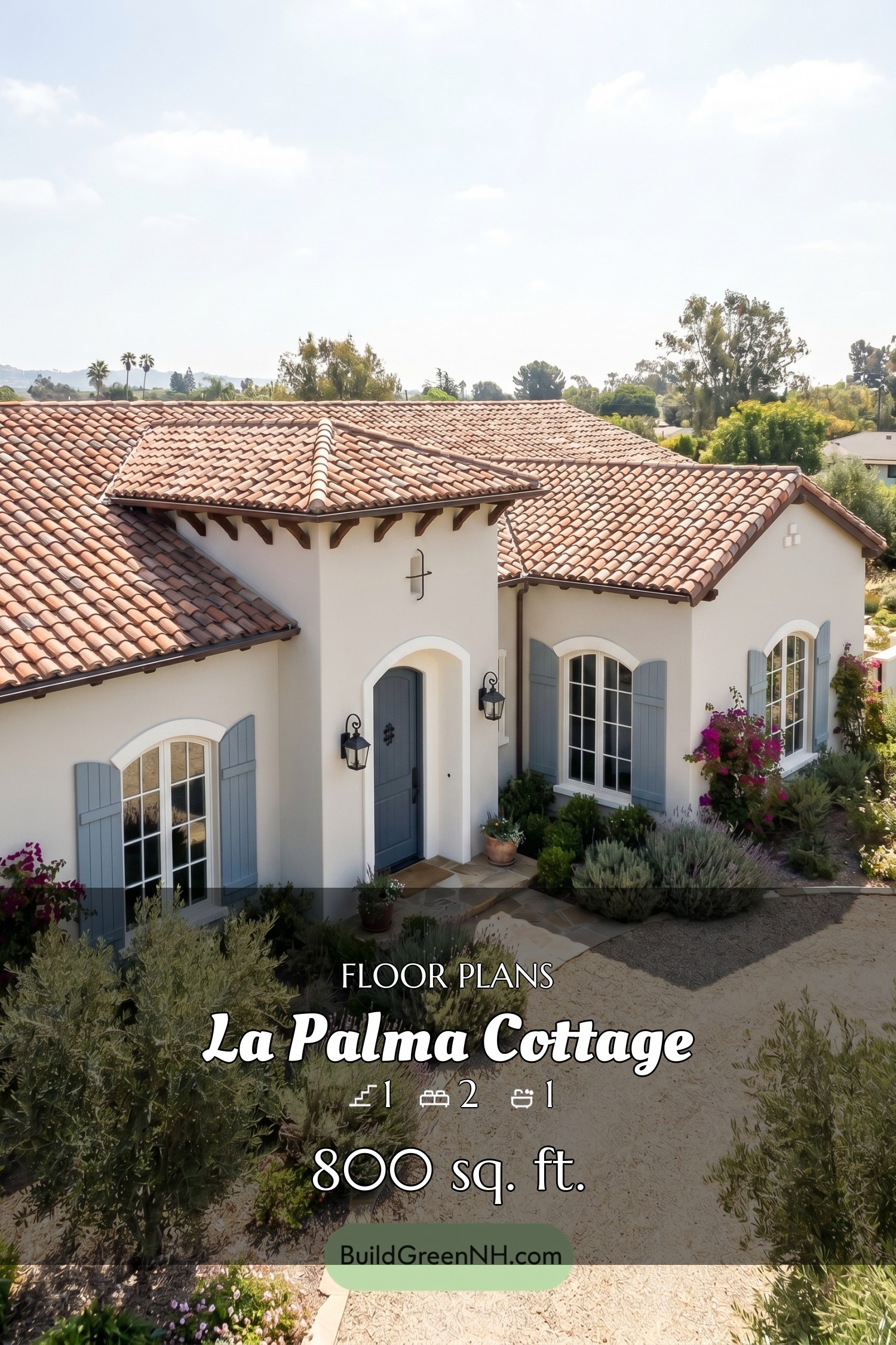 Pale greige walls, warm white trim, dusty blue-gray shutters, charcoal-blue door, and black iron accents